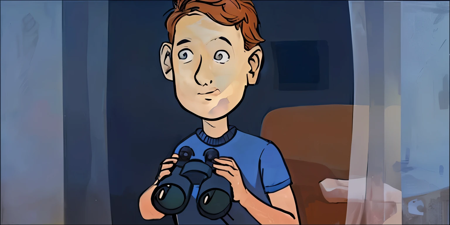 Create a scene of a young man peeking through a telescope at a window across the street, with a curious expression on his face