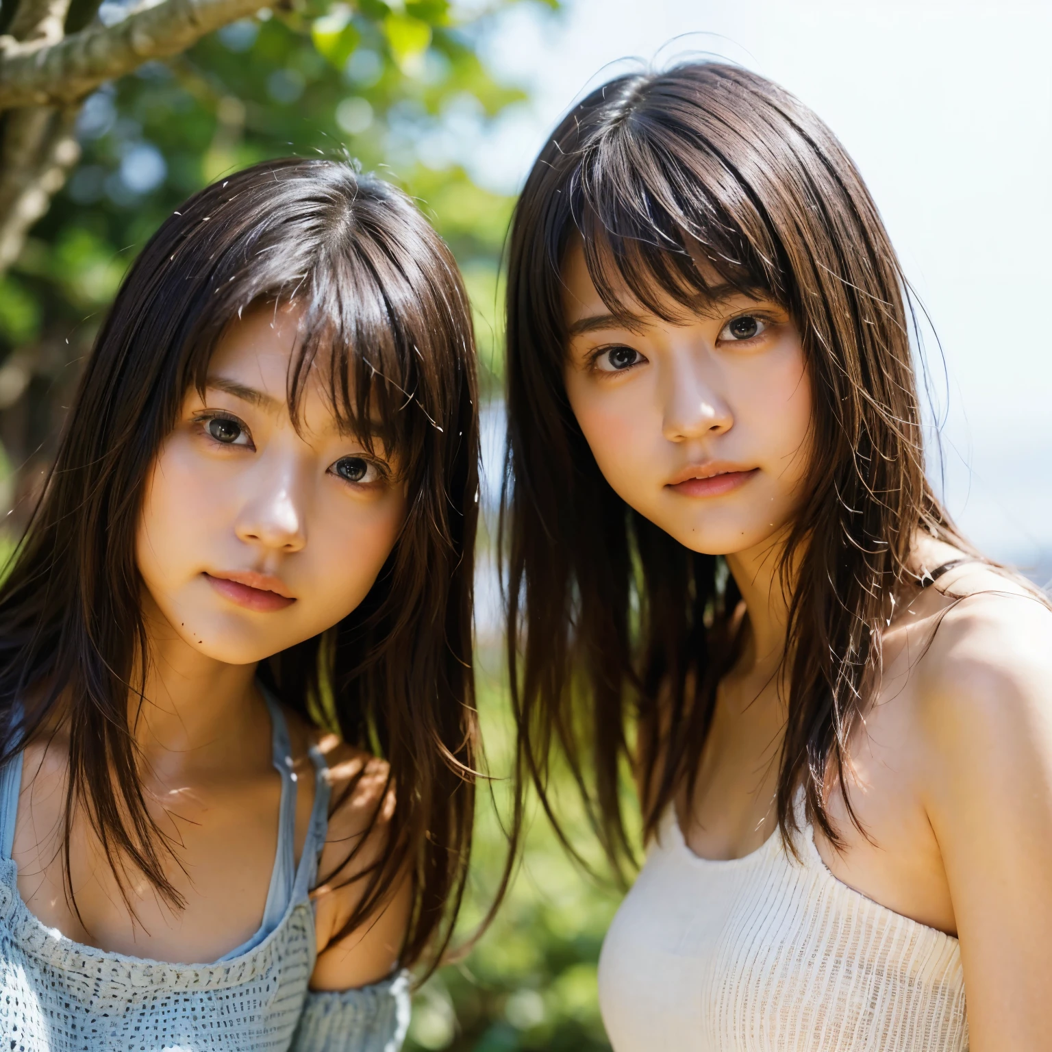 identical twin sisters、(highest quality, High resolution, masterpiece, realistic:1.2),(HDR, Bright colors),2 girls, Japanese, not wearing anything, big , slender and slender body, beautiful face, detailed facial features, pose for a photo,outdoor, professional dynamic lighting, (close:1.3, seen from below), detailed expression, natural pose, green background with fog, cool tone, cozy atmosphere, photon mapping