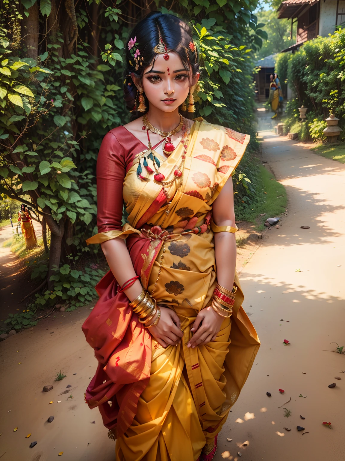 araffe woman in a yellow sari and red blouse standing on a path, wearing bihu dress mekhela sador, traditional beauty, traditional dress, dressed in a sari, around 1 9 years old, assamese, traditional clothes, wearing traditional garb, with lovely look, wearing sari, dressed with long fluent clothes, traditional clothing, idian dress