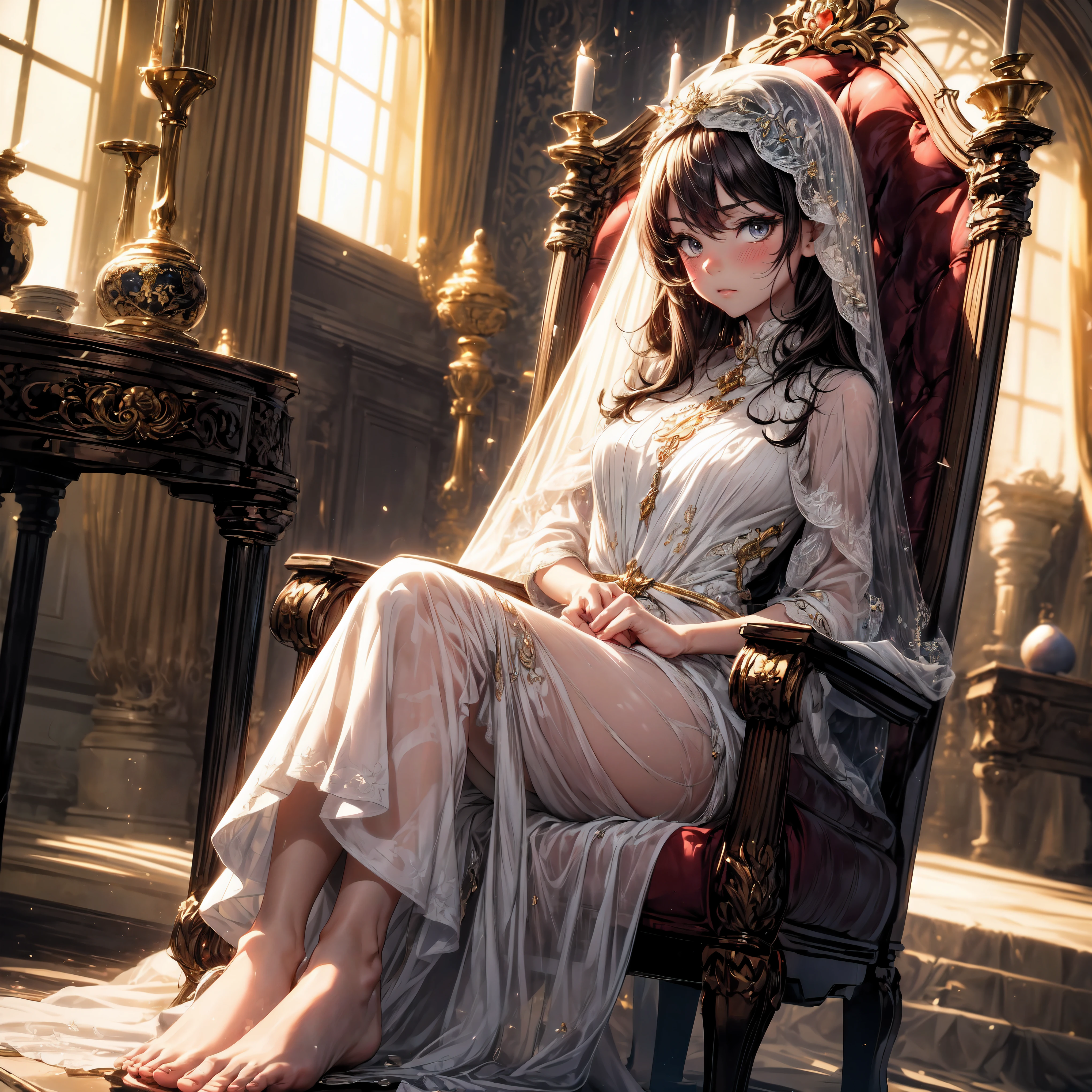 (best quality,4K,8K,high resolution,masterpiece:1.2),Super detailed,(actual,photoactual,photo-actual:1.37), (alone), (A very cute boy:1.2) wear (Very long silk dress:1.1), (prince), (best wrinkles, best shadow, best texture), (barefoot), Soft curls, sDull eyes, (Dull eyes, looking at the audience, (anger, blush)), Exquisite silver long veil, (Sitting dignifiedly on an exquisite and solemn throne), In the splendid palace, Bathed in the warm golden sunshine, Create a dreamy and magical atmosphere.