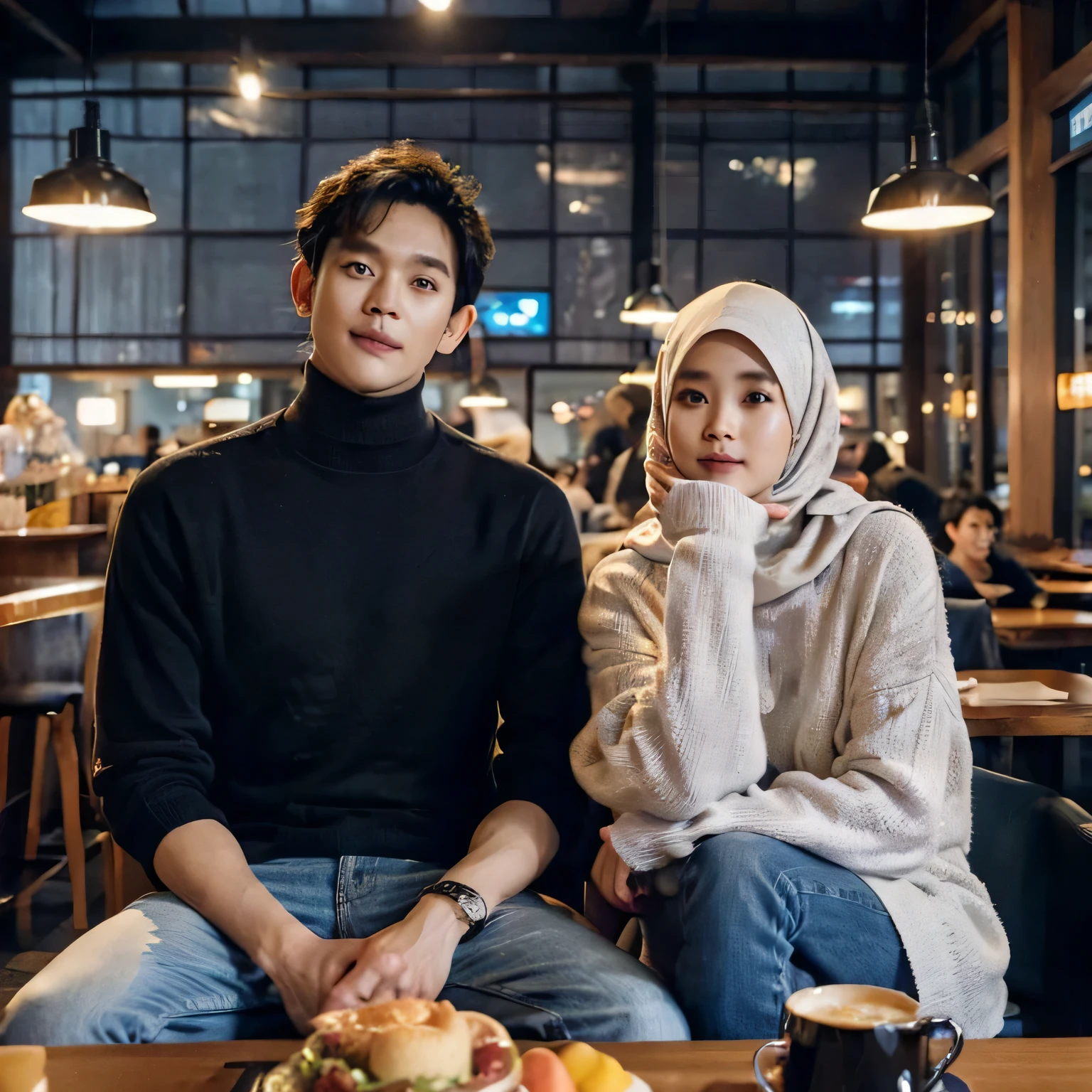 hyper realist seorang wanita indonesia usia 25 tahun wajah tirus ,memakai hijab ,dan sweater putih oversize , sedang duduk di sebuah cafee dengan seorang pria korea sepintas mirip soo hyun,memakai kaos turtle neck hitam dan celana jeans biru ,didepan ada meja dengan beberapa makanan ,latar belakang di sebuah cafee dengan pencahayaan lampu ,suasana ceria, cinematic, dramatic ,romantic, uhd ,4k ,