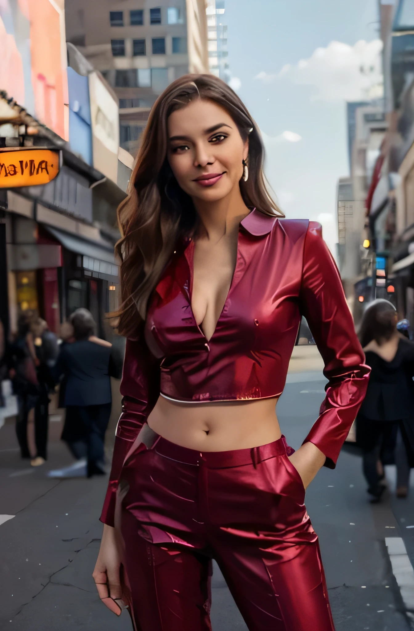 "Against the backdrop of a bustling metropolis, our model exudes confidence in a bold crimson pantsuit, her eyes sparkling with intrigue. With a confident stance and a subtle smile, she effortlessly commands attention. The carefully chosen angle captures her essence, while vibrant colors breathe life into the scene. Prepare to be enchanted by her magnetic presence and timeless elegance."