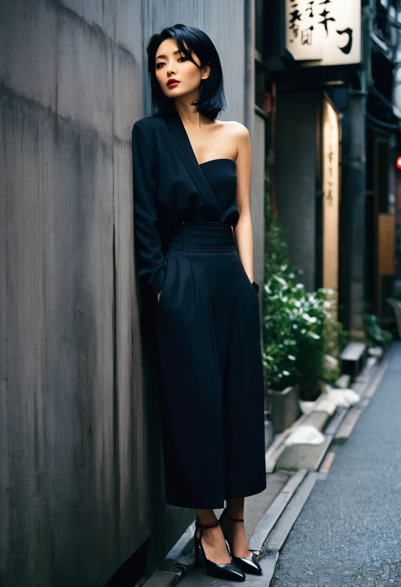 "An elegant woman leaning against the cold wall of a Tokyo alleyway, standing one meter tall with a rebellious demeanor and black hair, exuding an air of cool beauty."