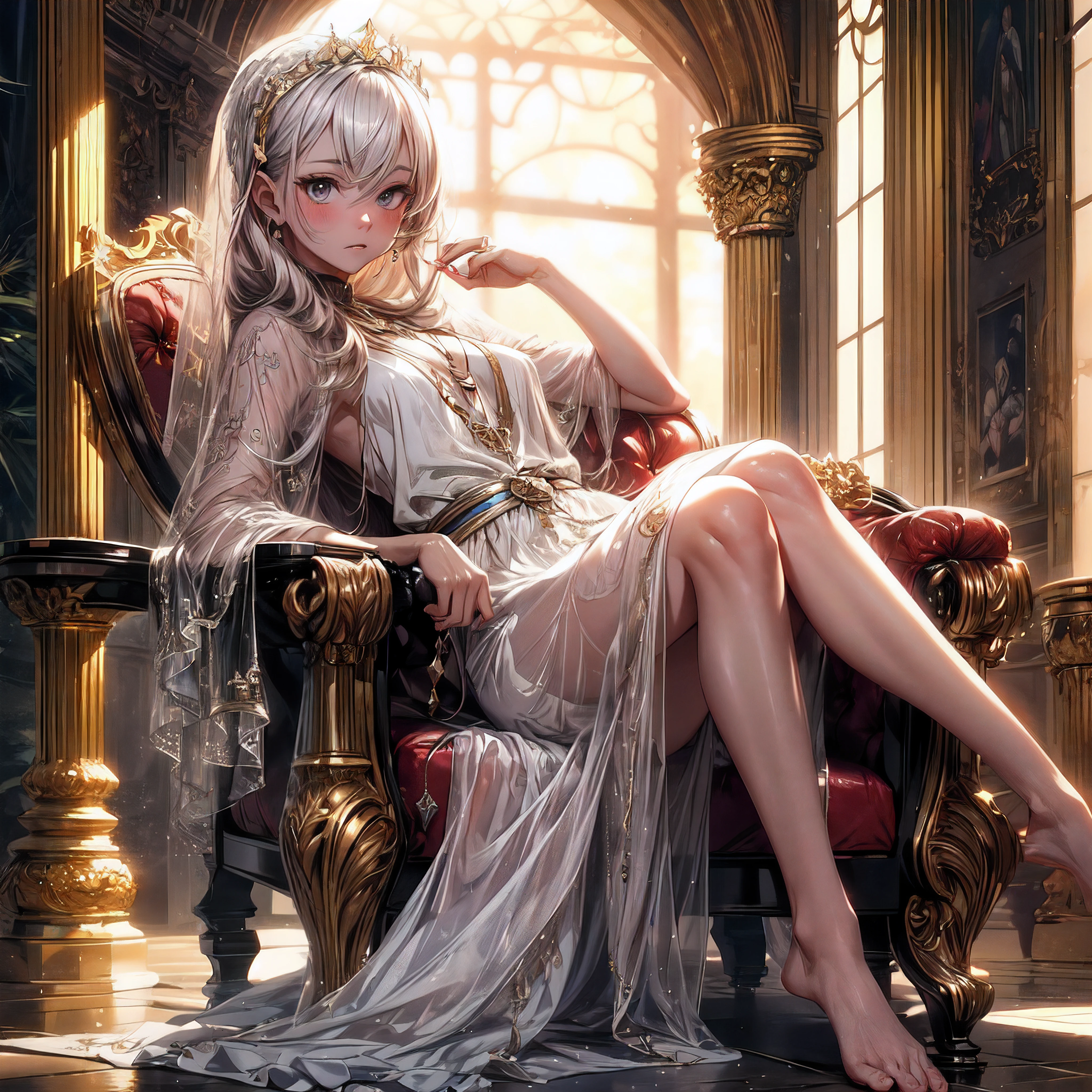 (best quality,4K,8K,high resolution,masterpiece:1.2),Super detailed,(actual,photoactual,photo-actual:1.37), (alone), (A very cute boy:1.2) wear (Very long silk dress:1.1), (prince), (best wrinkles, best shadow, best texture), (barefoot), Soft curls, sDull eyes, (Dull eyes, looking at the audience, (anger, blush)), Exquisite silver long veil, (Sitting dignifiedly on an exquisite and solemn throne), In the splendid palace, Bathed in the warm golden sunshine, Create a dreamy and magical atmosphere.
