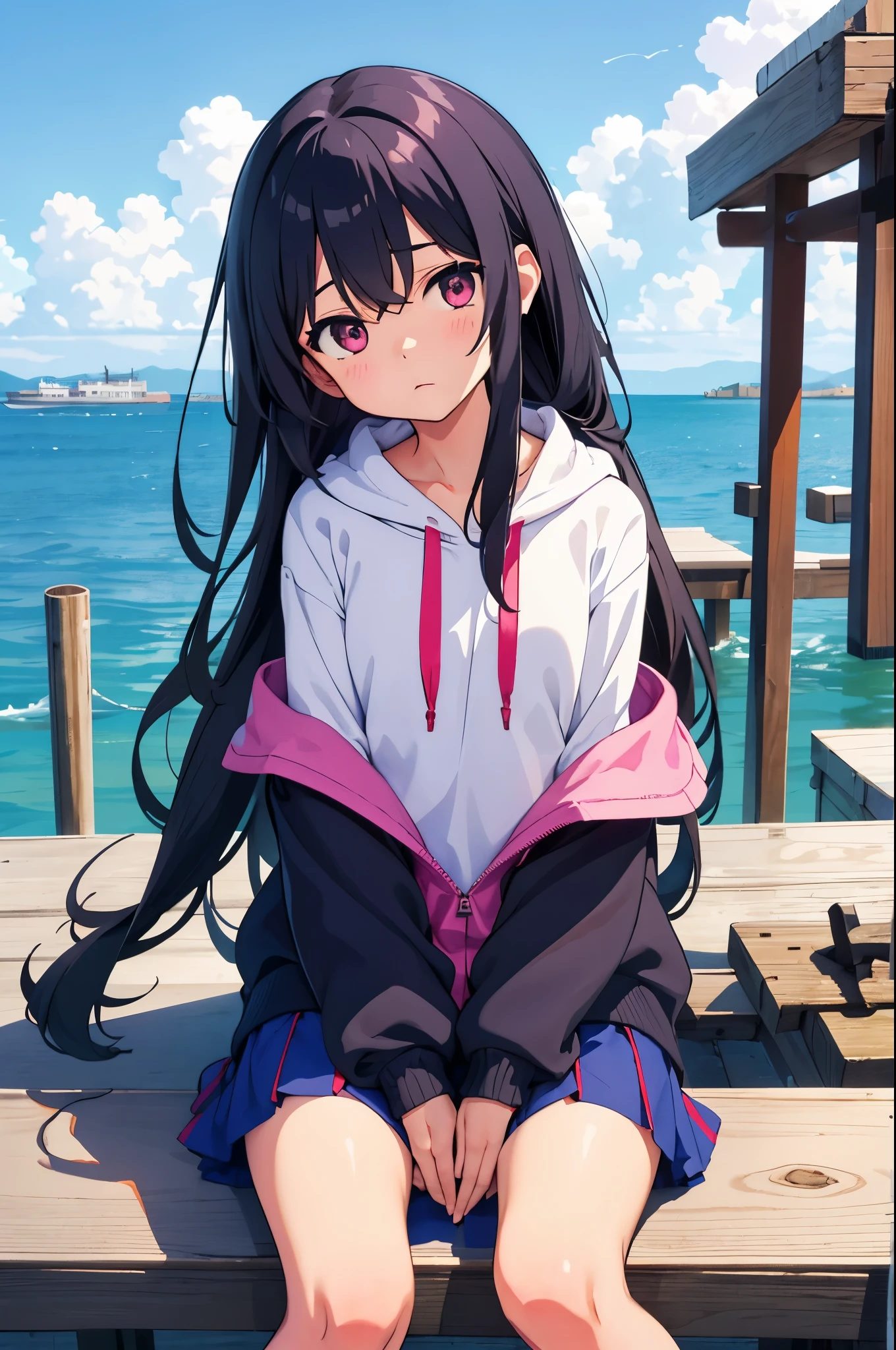 Port wharf The background is the sea the ship is floating girl 8-year-old flat chelack r long hair eyes are purple ((1 person)) Upper body pink long sleeve hoodie Lower body navy blue miniskirt((white panties)) white socks sports boots sitting in a wooden box on the dock spread your legs a little dynamic angle Low angle from the front