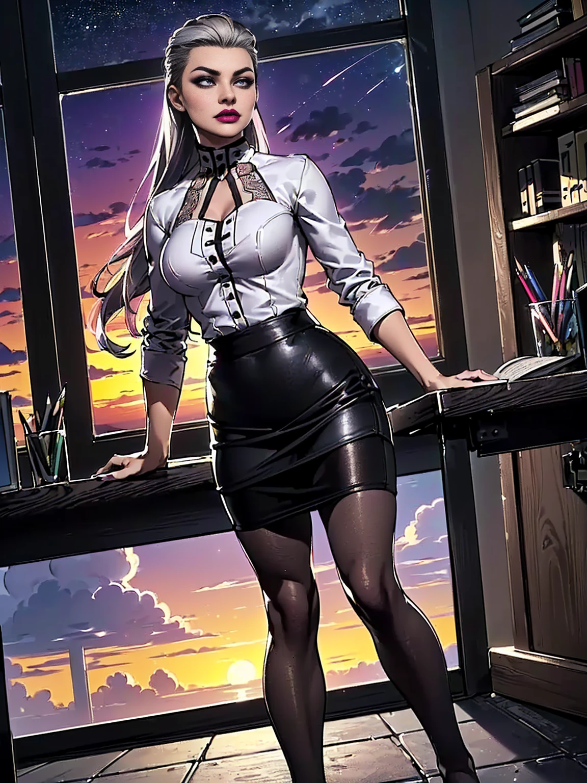 (((1girl, solo ,alone, Mortal Kombat 11: Aftermath, elegant and flawless face, Sindel, gray hair, Sidel hair, long hair pulled back, long hair slicked back, multicolored hair. ((wearing a nightgown)). semi-transparent. (It is a luxury suite that boasts richness and elegance). (Dark night sky with stars), Dynamic Posture, imposing expression, air of superiority, glamorous, arrogant)), ((solo, (1woman, pink lipstick), Extremely detailed, ambient soft lighting, 4k, perfect eyes, a perfect face, perfect lighting, a 1girl)), austere, ,((solo, (1woman, pink lipstick), Extremely detailed, ambient soft lighting, 4k, perfect eyes, a perfect face, perfect lighting, a 1girl)), austere, ((officelady, (businesswoman), (((Black suit, Black tight skirt, (pencil skirt, White blouse), Black tights, Office))), lana, Beautiful woman, gazing at viewer, Looking here, hight resolution, top-quality, full body, animations, illustratio, office, penthouse, executive room, large window, landscape of a metropolis, sunset, clouds)), documents, books, table, shelves, pencil holder, computer