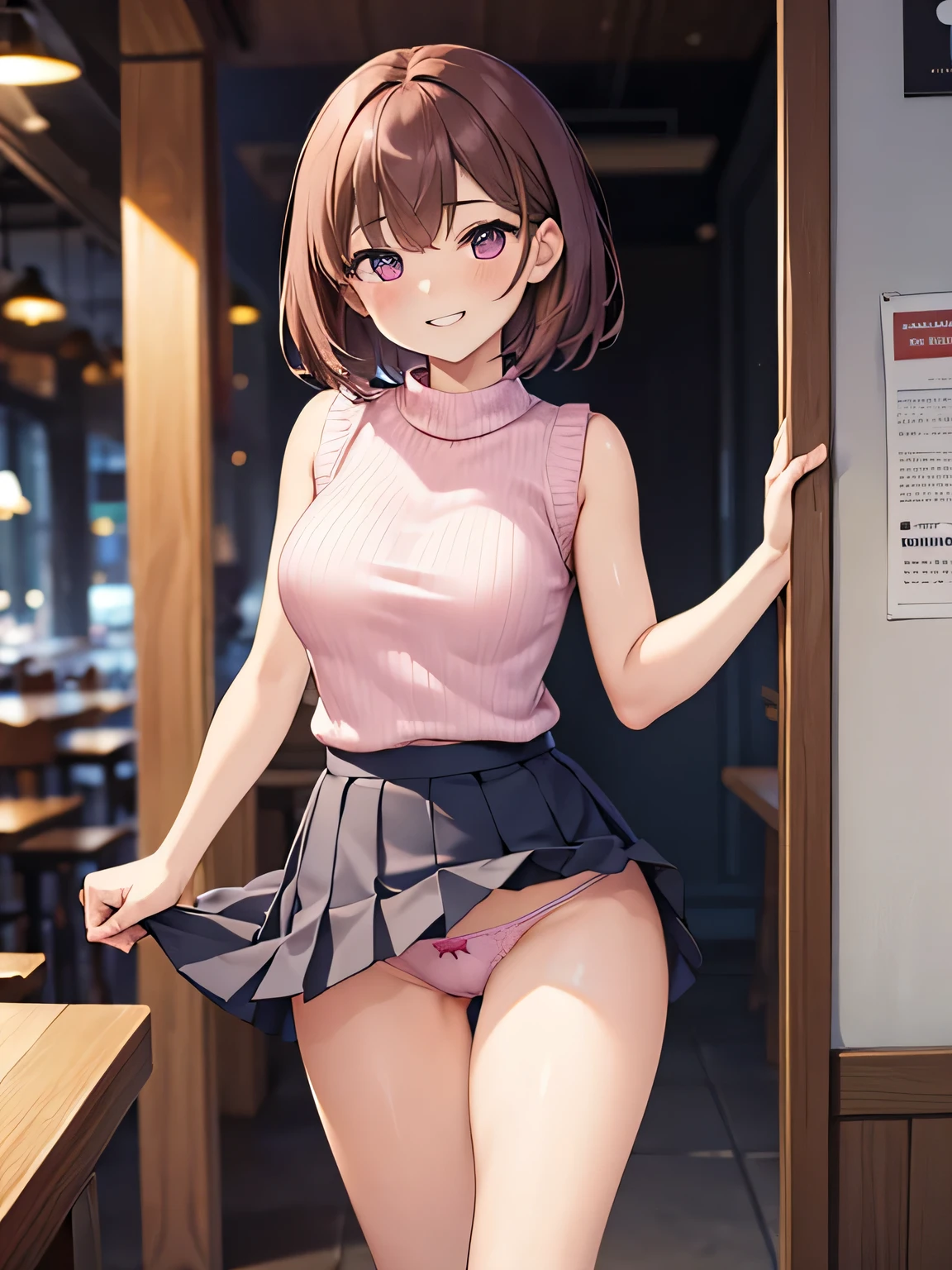 (1) There is one woman with beautiful legs, She lifts up her skirt to show her beautiful bare legs and panties,
(2) she is standing, I would like you to draw a picture of the whole body with legs visible..,
(3) woman wears white sleeveless knit、 She is wearing a box pleated miniskirt、 I'm wearing Western movie shoes,
(4) The visible pants are pink and have flashy patterns..,
(5) woman has short brown hair, shining eyes, A provocative grin,
(6) The place is a cafe restaurant..,
(7) highest quality, High resolution, realistic pictures, realistic skin,