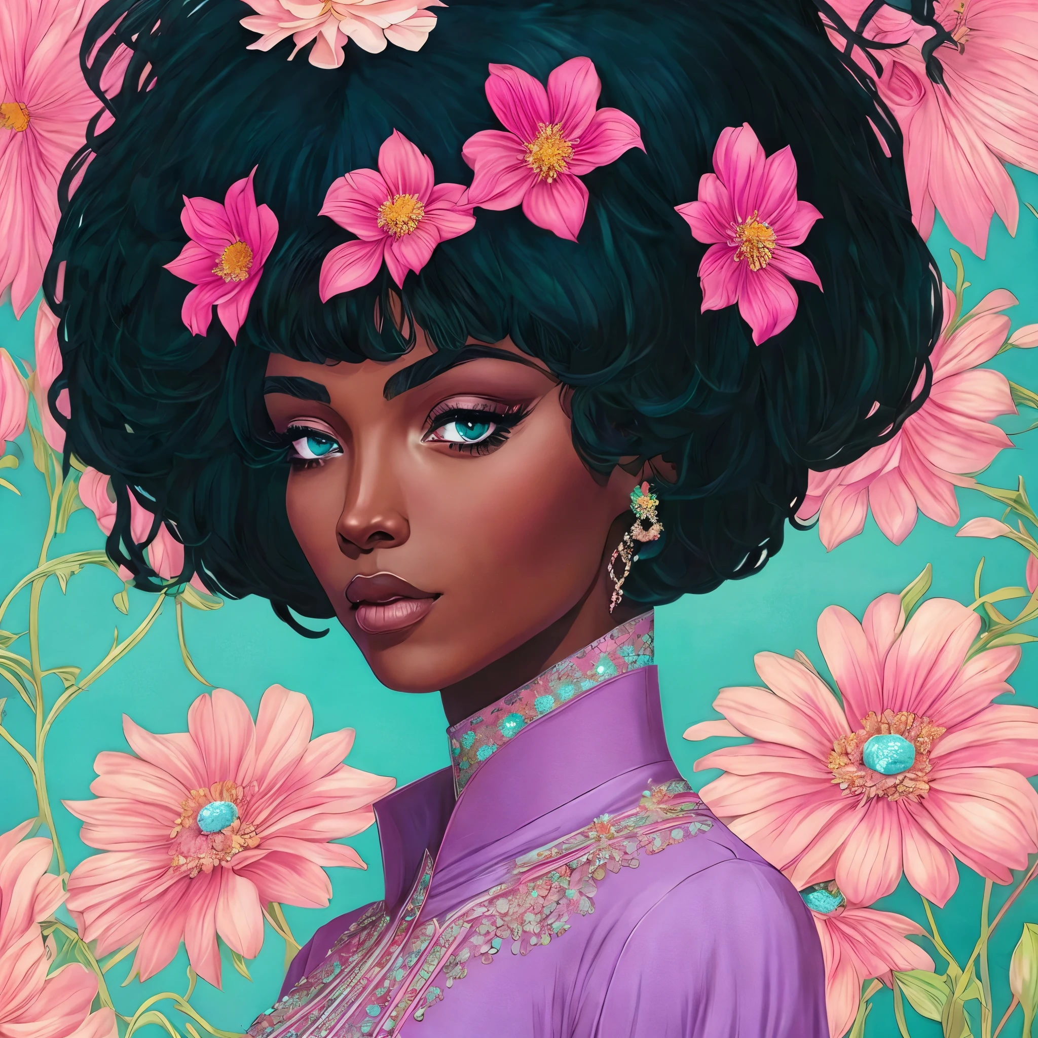 Artistic image of a dark skinned anime girl, portrait of a girl with black hair blink you will miss the details, dark two complexes, flowers, soft and vibrant, in the style of kilian eng, dark cyan and pink, childlike and glamorous lush details, blink you will miss its details, frank thorne, high resolution