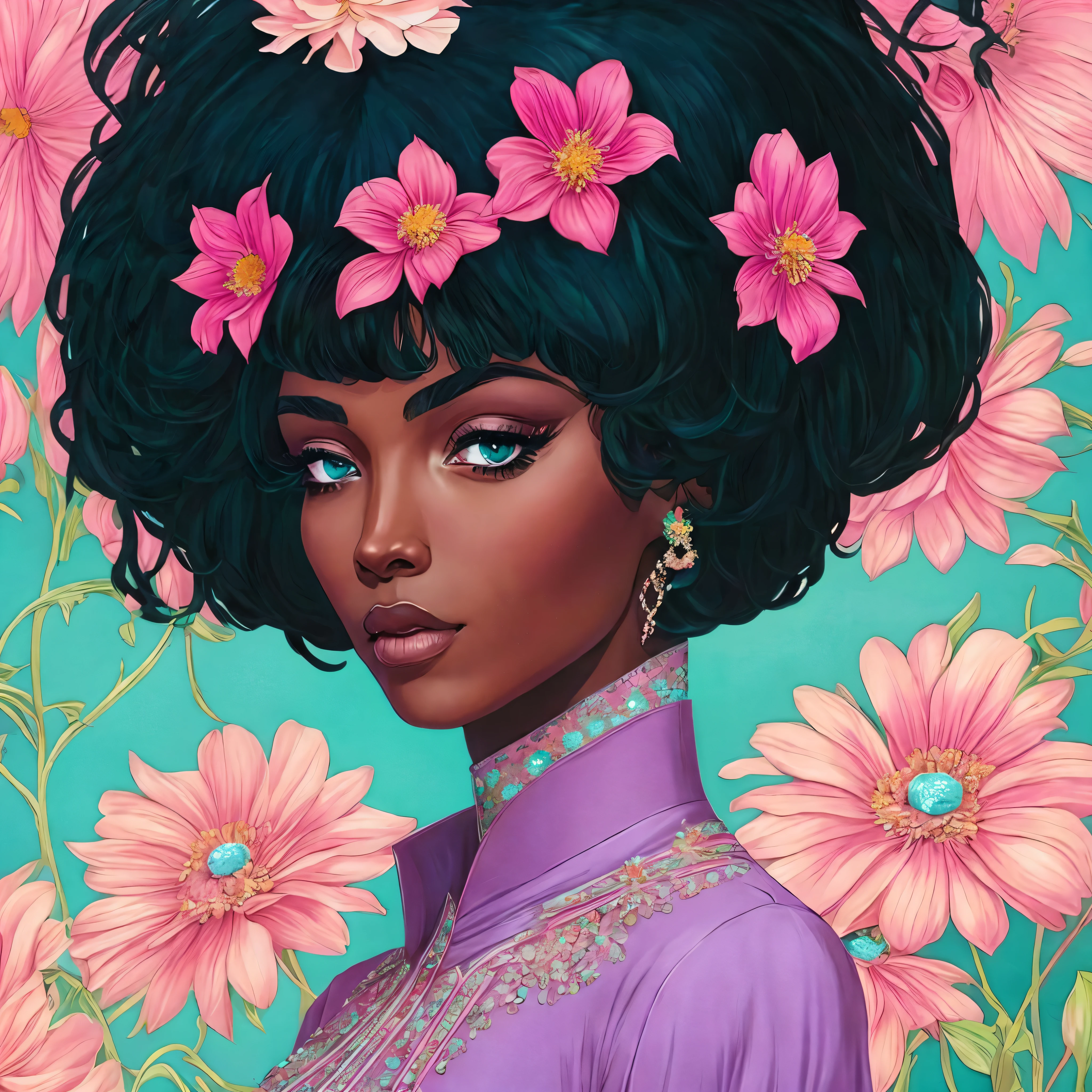 Artistic image of a dark skinned anime girl, portrait of a girl with black hair blink you will miss the details, dark two complexes, flowers, soft and vibrant, in the style of kilian eng, dark cyan and pink, childlike and glamorous lush details, blink you will miss its details, frank thorne, high resolution