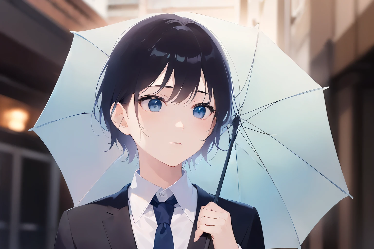 (night, dark:1.5), star, holding an umbrella、(looking away:1.5)、masterpiece、highest quality、(25 year old male:1.5) and (brown short hair) and (green eyes), (wearing a suit:1.3)、wearing a white shirt、Wearing a blue tie、walking、serious、background is outside、(Alone:1.5)、Upper body is shown、