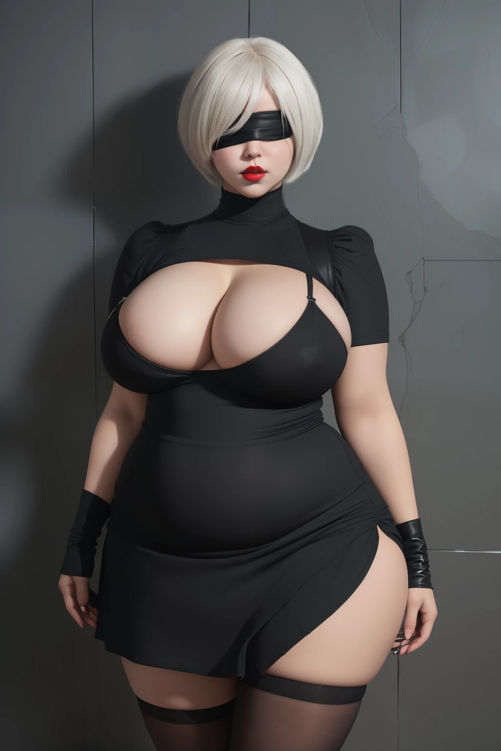 ((masterpiece)), ((photorealistic)), ((8k wallpaper)), ((best quality)), (perfect quality), solo, girl, Yorha 2b, short white hair, pose: ( shy pose, arm on waist, sexy pose), face: ( very beautiful face, perfect face, blindfold, makeup, young, round face, red lips), figure: (very full body, big breasts, (very thick), (sexy curves), (very curvy), (very chubby), (very chubby belly), fat rolls, belly rolls, (very chubby belly bottom), (belly bulge), wide waist, (big deep navel), thick thighs), clothes: (tight black short dress, ripped dress, blindfold, black tights)