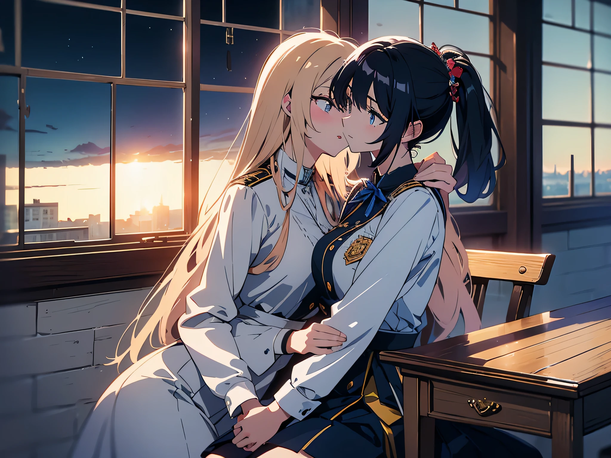 (highest quality、masterpiece、High resolution、become familiar with)、(shining eyes、become familiar withbeautiful顔)、romance student, Two female students wearing the same uniform, lesbian couple, tall and thin, beautiful, Alumni Association, classmate、beautifulアニメ、8K