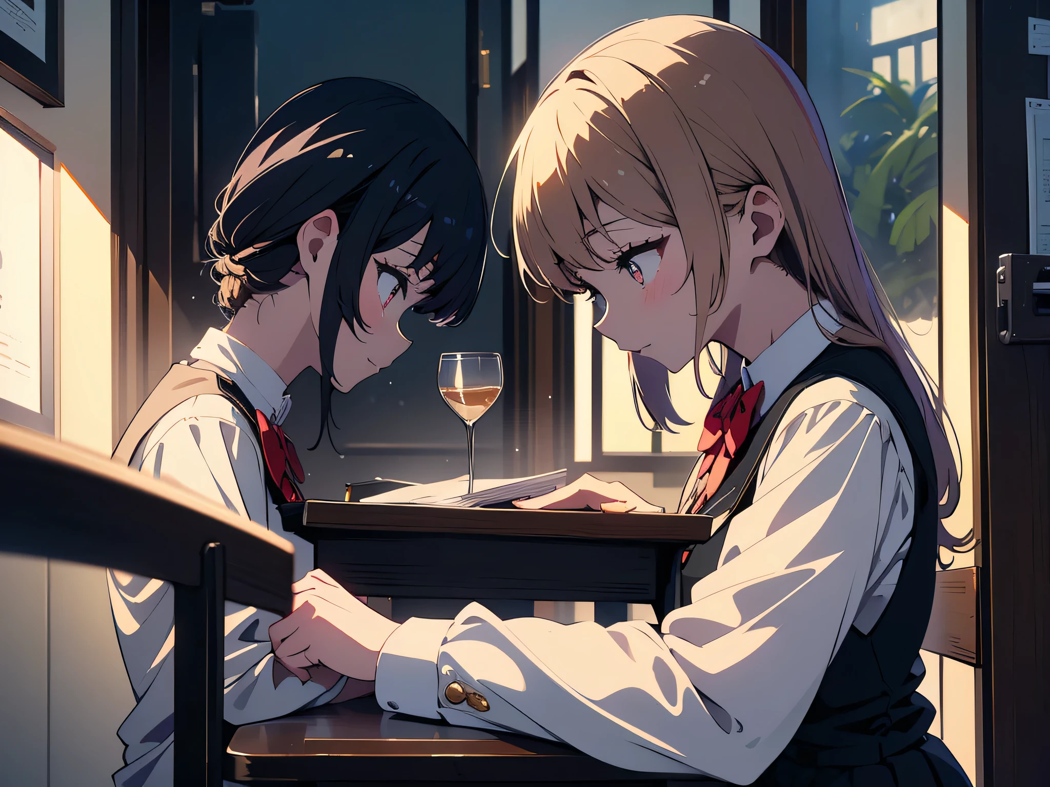 (highest quality、masterpiece、High resolution、become familiar with)、(shining eyes、become familiar withbeautiful顔)、romance student, Two female students wearing the same uniform, lesbian couple, tall and thin, beautiful, Alumni Association, classmate、beautifulアニメ、8K
