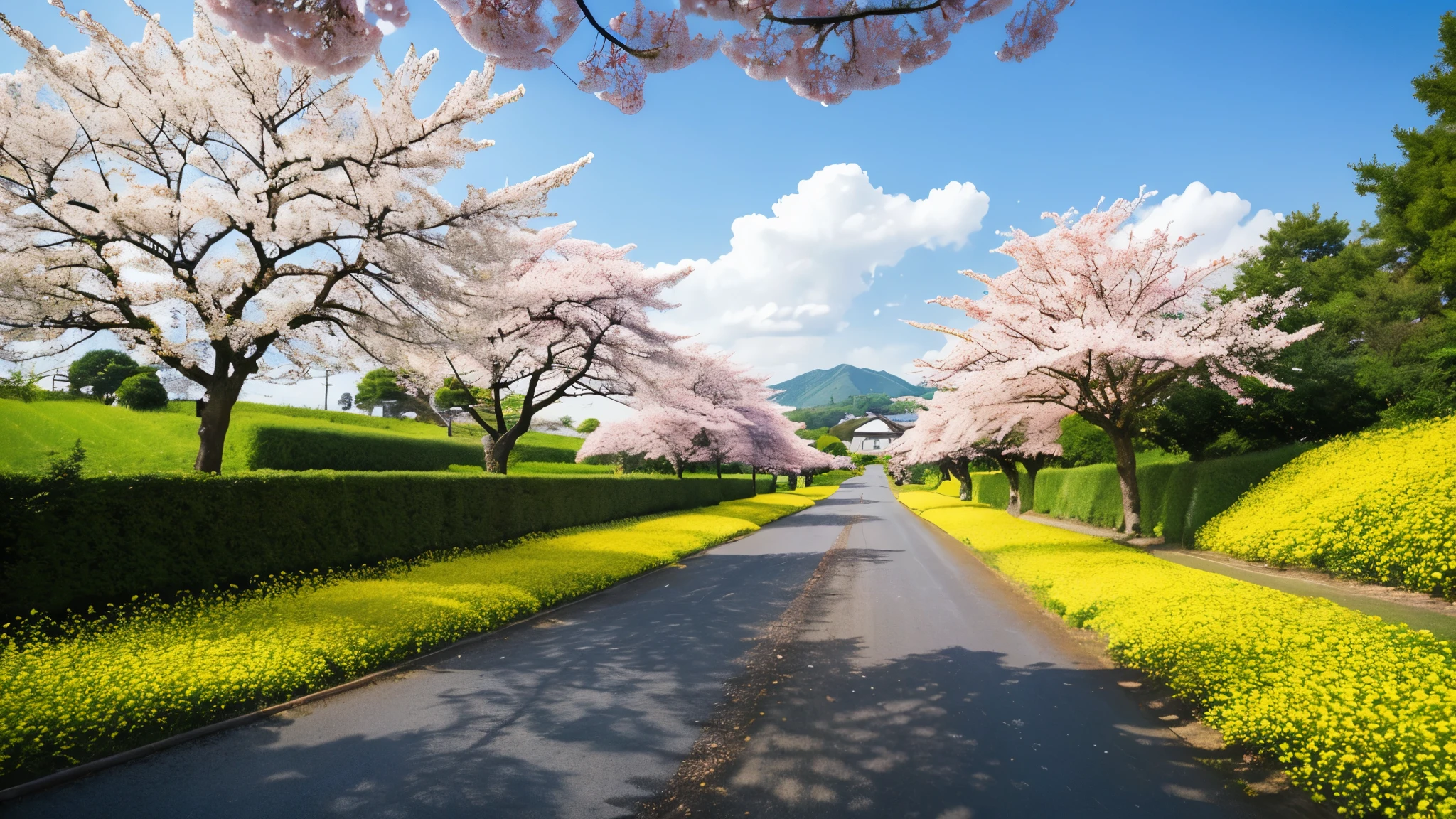 Countryside landscape of Japan countryside、one big cherry tree、Unpaved roads、Rape flowers are blooming on the side of the road、Blue sky、A heartwarming illustration that gives you a feel of the world of Ghibli anime.