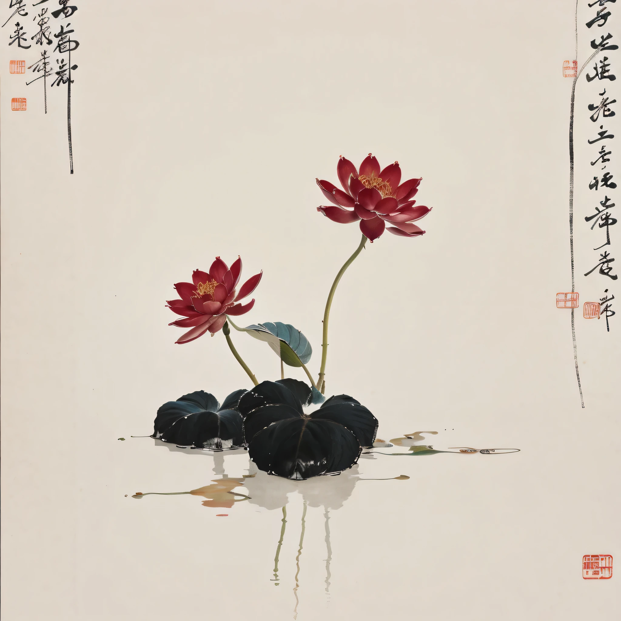 It is a red lotus flower on a white background., one red lotus, Chinese art,minimal art, In the center of the paper was a red lotus. ,Lotus flower size 1/4 of paper 