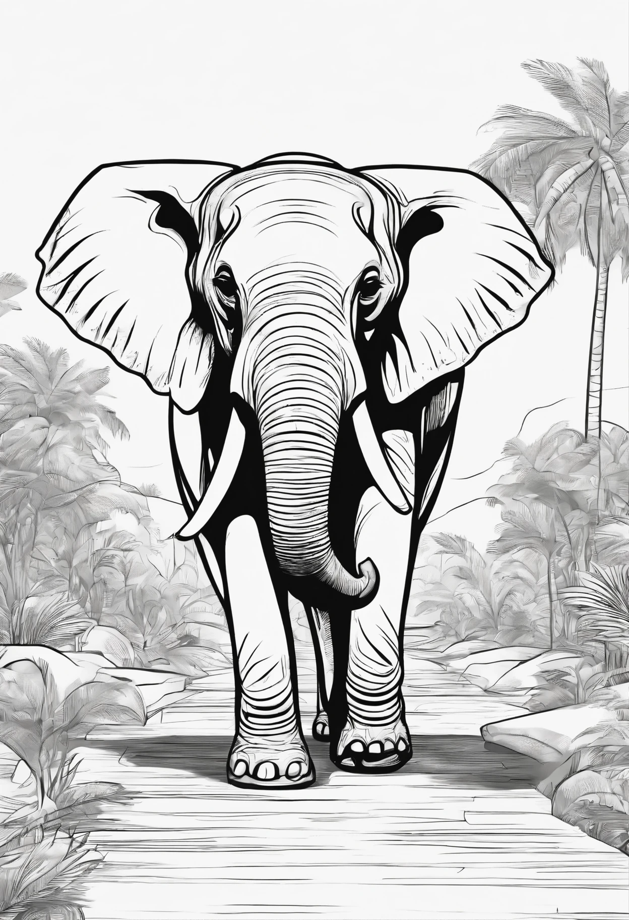 an elephant walking in a pathway, line art,cartoon character, 3d style, high quality,colring book, hard draw,line art