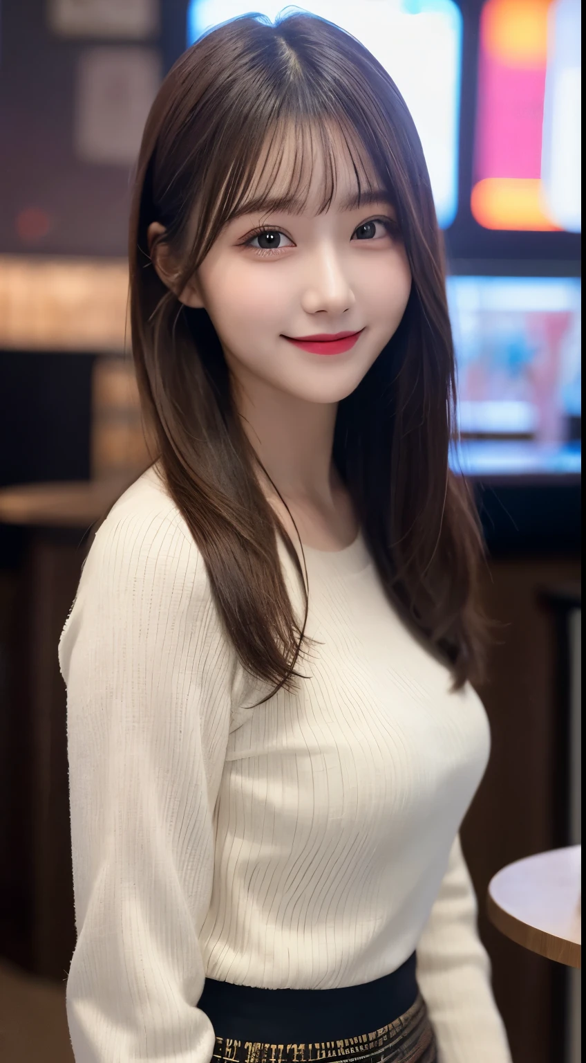 table top, highest quality, shape, Super detailed, finely, High resolution, 8k wallpaper, 完璧なダイナミックな構shape, finelyて美しい目, long hair, small breasts, natural color lip, random sexy pose,smile,20 year old girl、Beautiful and dense face、perfect and beautiful face,Big eyes、Blurred darts bar background、long sleeve blouse、flare skirt、small face、Slim your face and body、smile、slim face and body、cute face、cute