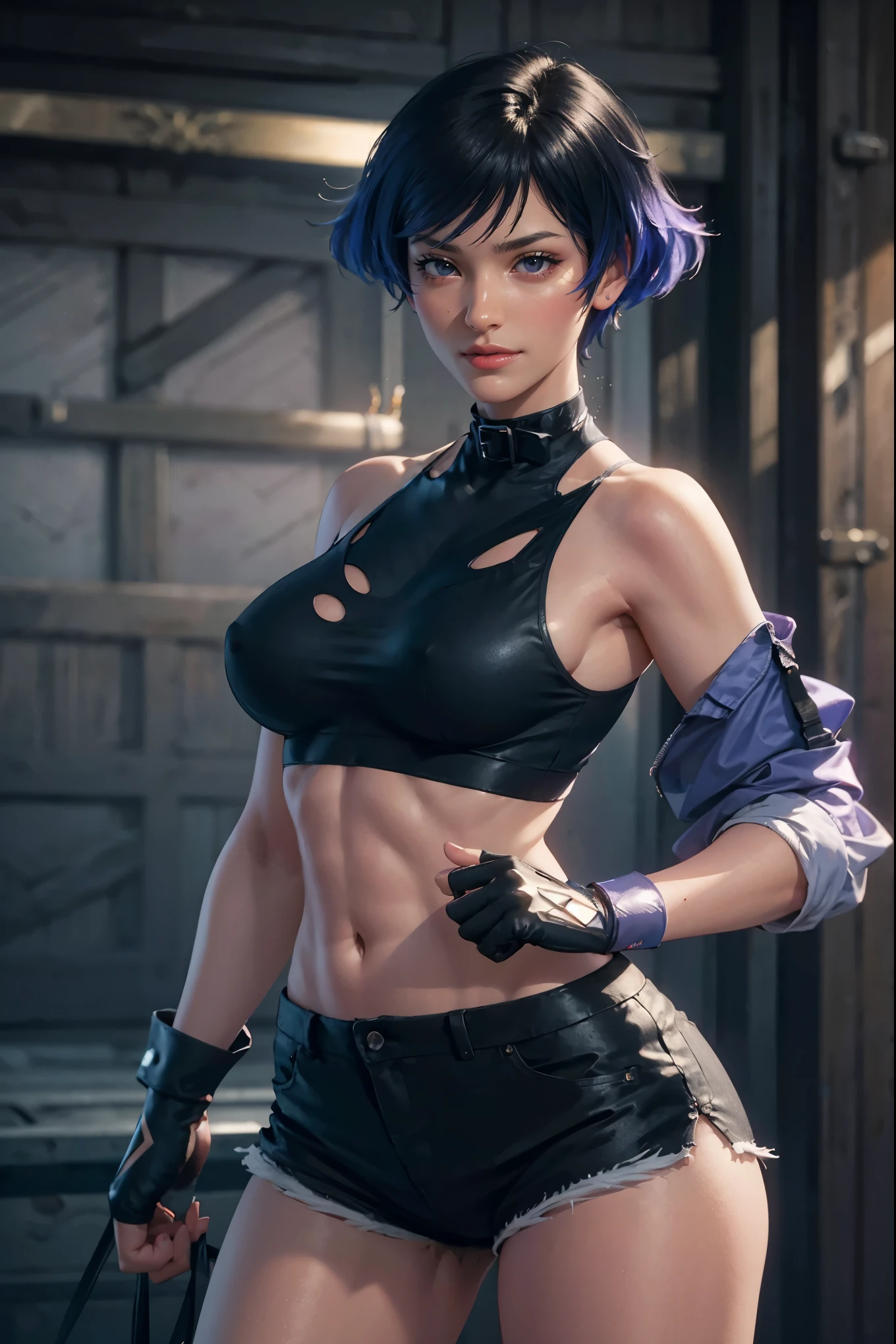 masterpiece, sexypose, Realistic, Very detailed, handsome body, Detailed body, Detailed hands, Detailed, Vibrants, Detailed Face, Reina's character design. Very detailed, Detailed body, Detailed hands, Detailed Face, anime art, extremely detailed CG unity 8k wallpaper, detailed light, Cinematic lighting, chromatic aberration, glittering, expressionless, epic composition, dark in the background, Very detailed, Detailed body, Vibrants, Detailed Face, sharp-focus, anime art, Vibrants, Detailed Face, Hugh Details, sharp-focus, Very drooping face, A detailed eye, super fine illustration, better shadow, finely detail, Beautiful detailed glow, Beautiful detailed, Extremely detailed, expressionless, epic composition, Presented at artstation, Octane Render, artstation hd, Cinematic, 4 thousand., hypermaximalist, elegant, japanese face, oriental japanese beauty face, best quality, reina, masterpiece, best quality, reina, masterpiece, best quality, reina, masterpiece, best quality, reina, masterpiece, best quality, reina, , masterpiece, best quality, reina, masterpiece, best quality, reina, purple eyes, multicolored hair, choker, bare shoulders, bare arms, large breasts, see-through, black shirt, black shorts, fingerless gloves, standing, fighting stance, pov, alleyway, grin, jabbing pose, uppercut pose, slim body, slimmer, proportional body, electric on fist