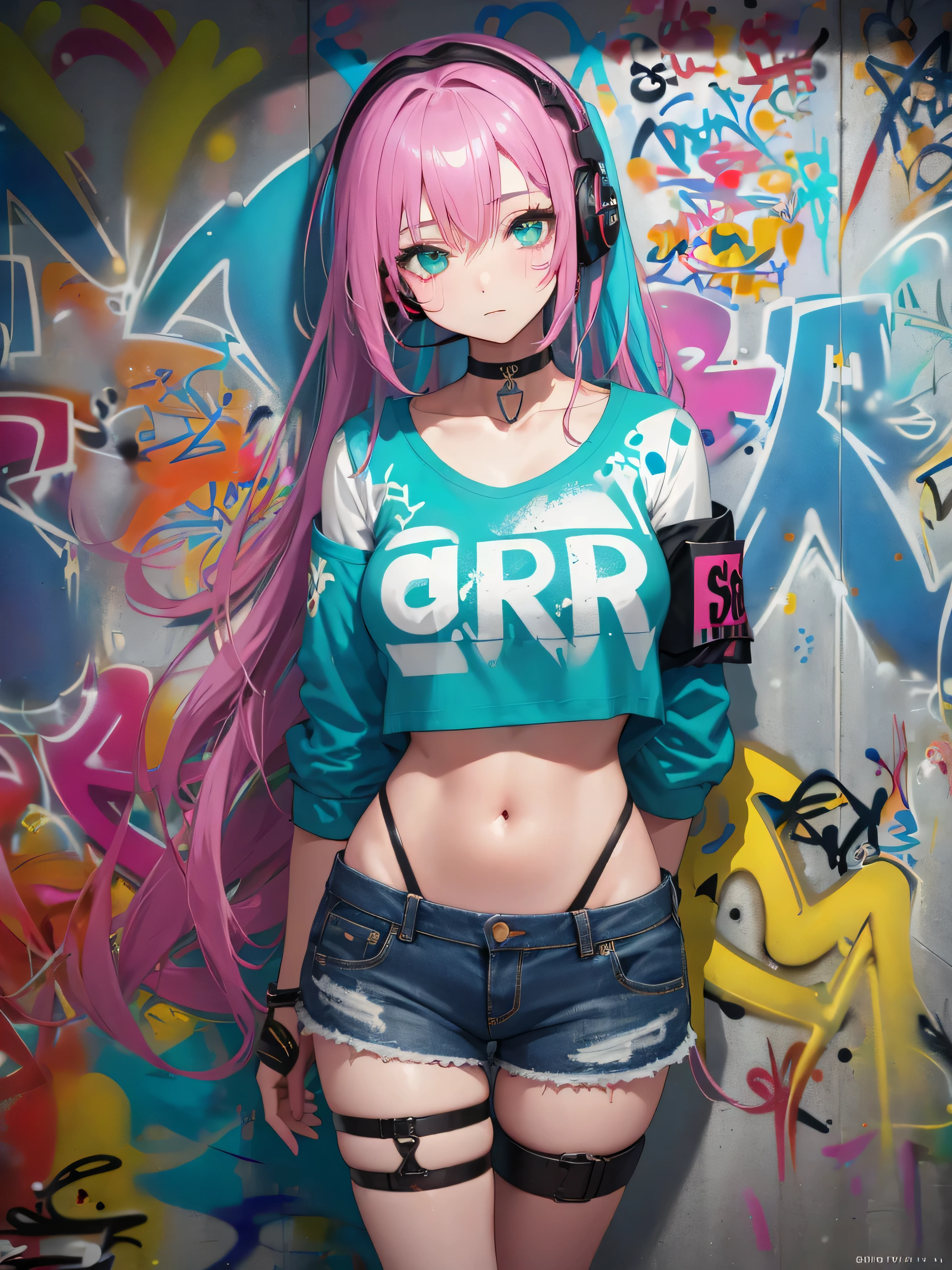 masterpiece, highest quality, 1 girl, alone, crop top, denim shorts, choker, (graffiti:1.5), paint splatters, turn your arms behind your back, towards the wall, looking at the viewer, armband, thigh strap, paint on body, head tilt, boredom, colorful hair, aqua eye, headset