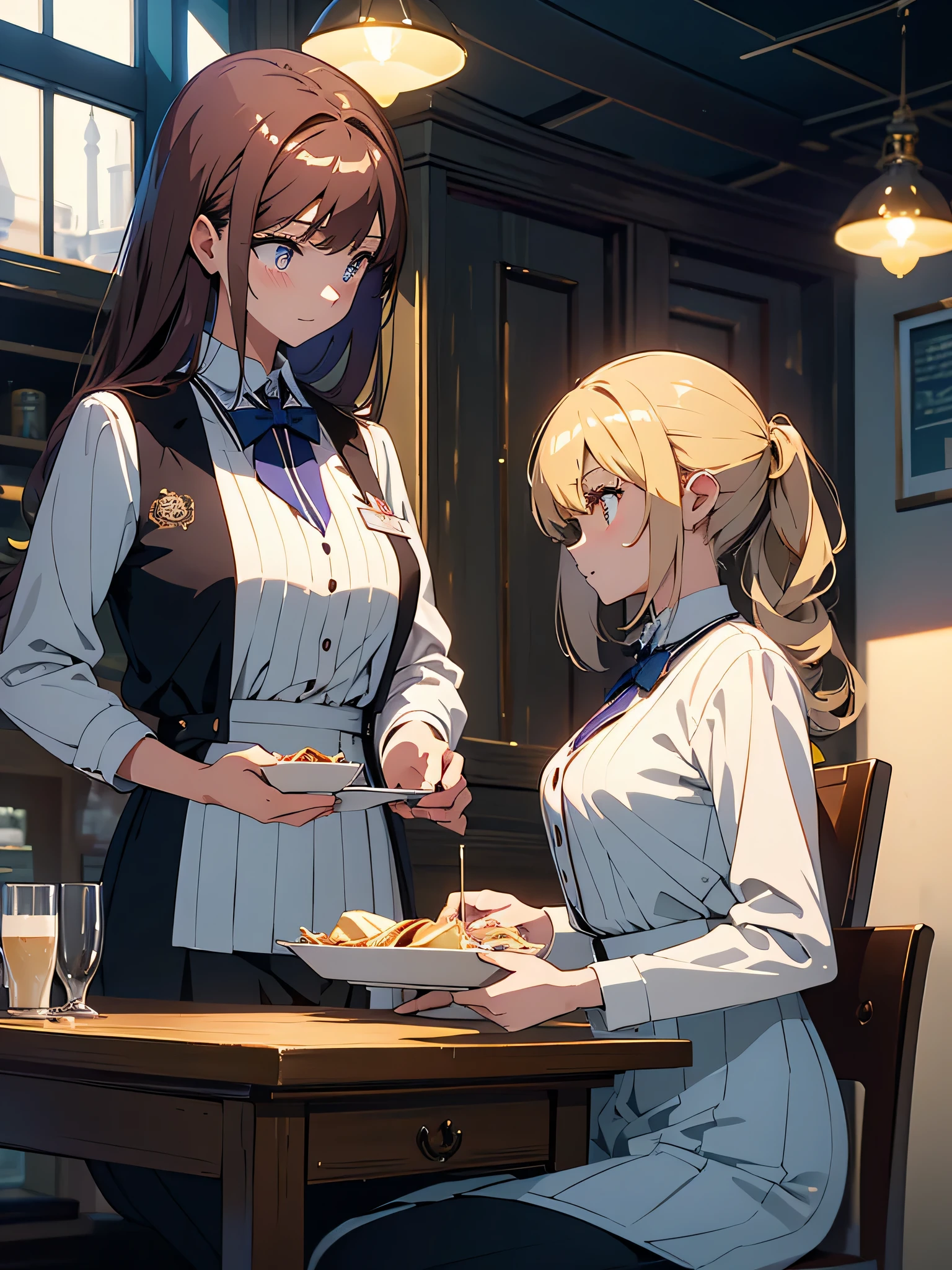 (highest quality、masterpiece、High resolution、become familiar with)、(shining eyes、become familiar withbeautiful顔)、romance student, Two female students wearing the same uniform, lesbian couple, tall and thin, beautiful, Alumni Association, classmate、beautifulアニメ、Cafe、eat crepes