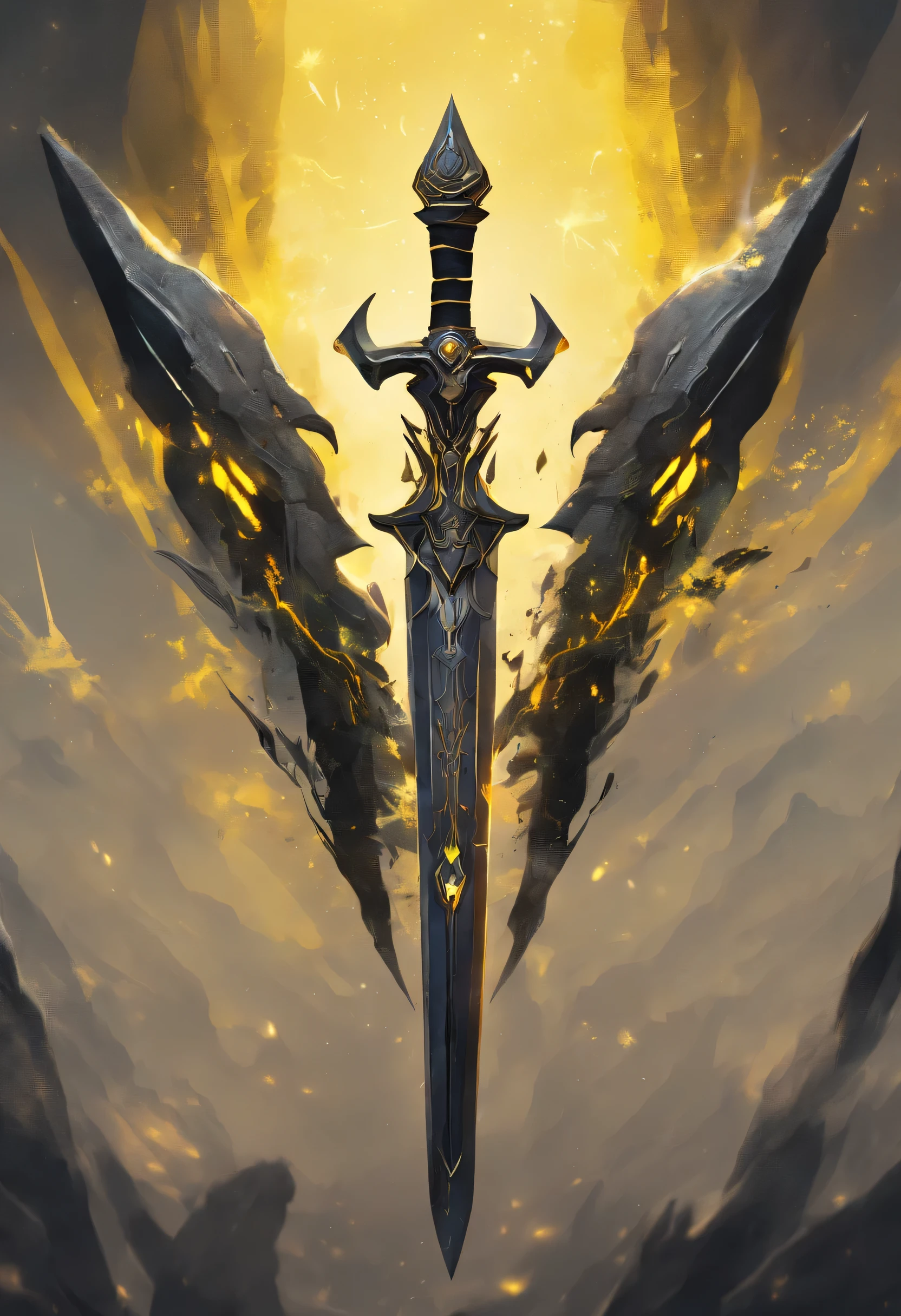 There is a spear,There are yellow and black patterns on it, glowing soul blade, Glowing Barracuda, Parker blade style, raytraced blade, sword, Shiny Parker, Intricate fantasy spear, war blade weapons, medieval spear, magical pike, realistic pike,Cosmic Galaxy