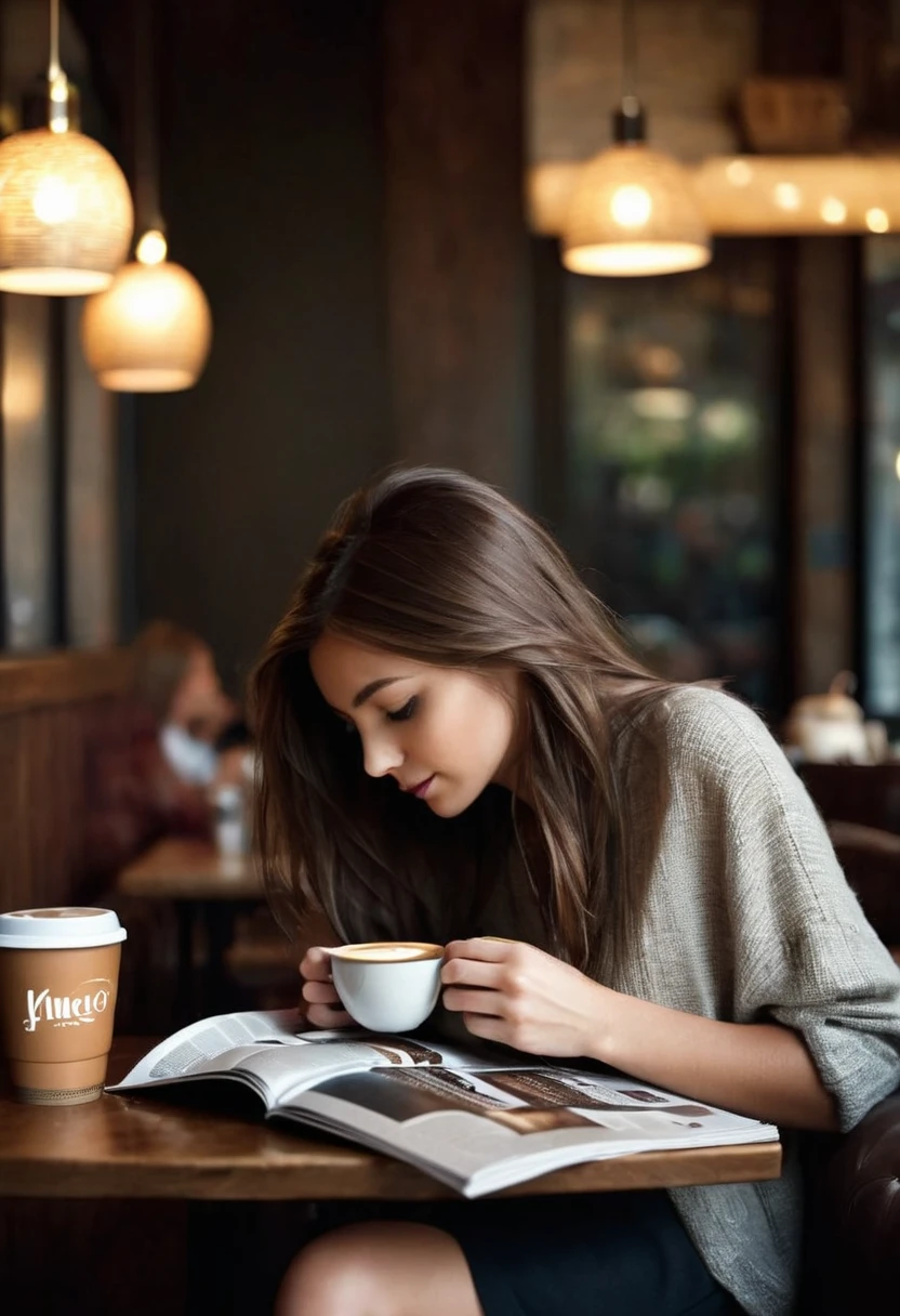 A girl is drinking coffee and flipping through a magazine about coffee. The background is in a coffee shop with a dark texture..Obvious contrast of light and shadow.High-end and textured.half-length view , 50mm , f/1.8 , shutter speed 1/60 , ISO 50 ,Color temperature 4000k, masterpiece.first-person view