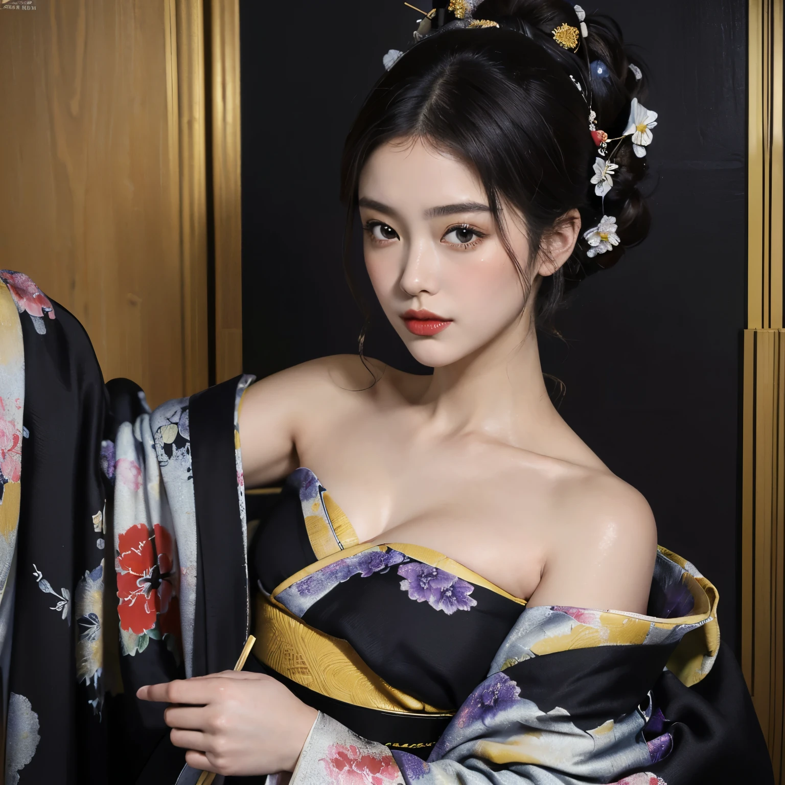 oil painting'huile \\ (detailed kimono, wearing a kimono, of the highest quality, best quality, Art officiel, Belle gourmandise, belle femme,Off the shoulder style, cheveux courts noirs ,Vous pouvez voir la vallée, les seins sont visibles: 1.2)
