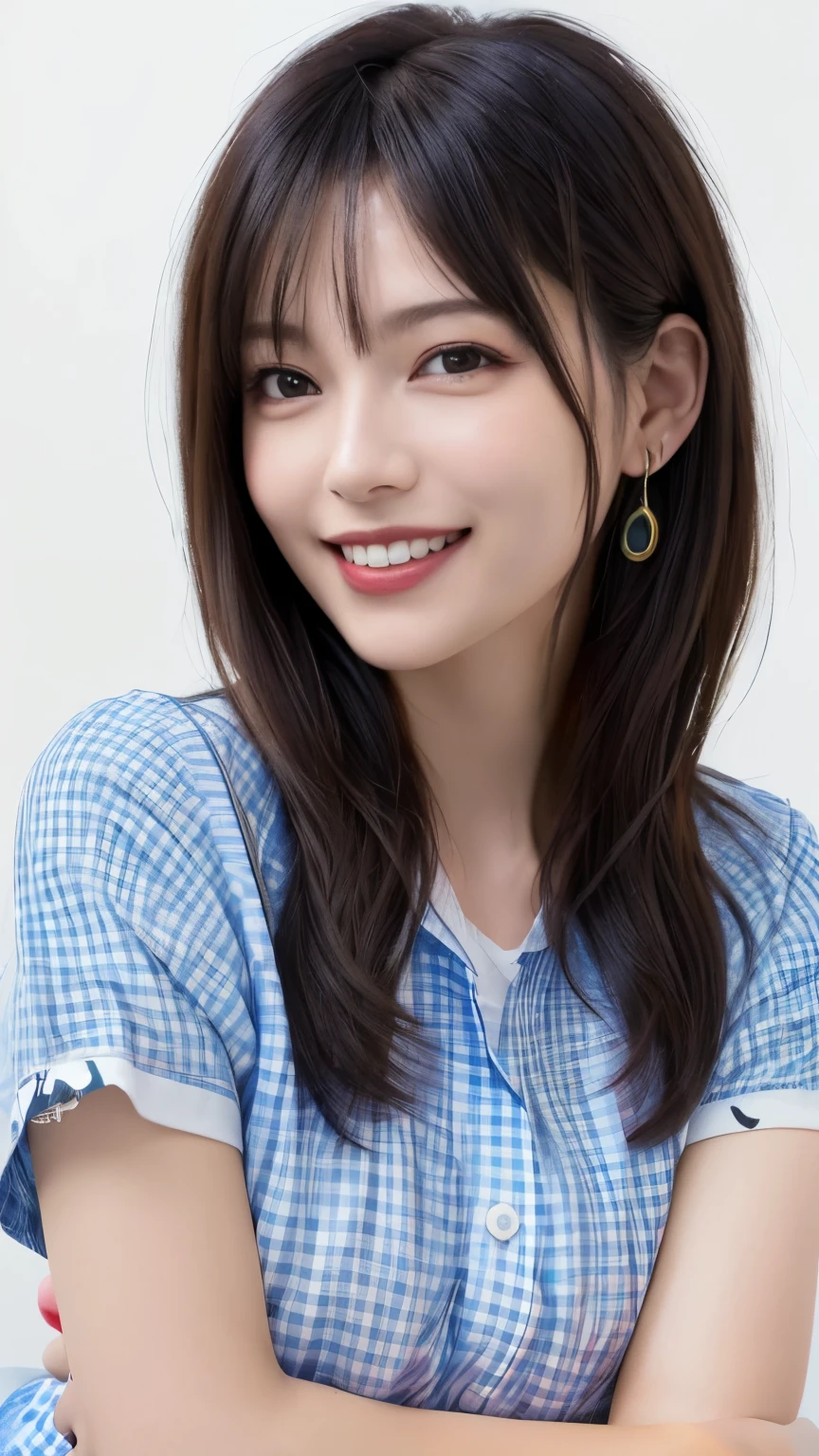 (highest quality、8K、32k、masterpiece)、(realistic)、(Photoreal:1.2)、(High resolution)、Super detailed、very beautiful face and eyes、1 girl、round and small face、thin waist、delicate body、(close、highest quality、high detail、Rich skin details)、(highest quality、8K、oil paint:1.2)、Super detailed、(realistic、realistic:1.37)、bright colors、(((bust shot)))、(((black hair)))、(((bob hair)))、(((pure white wall background)))、(((pure white wall background)))、(((dressed in blue)))、(((She has a happy expression)))、(((laughter)))、(((Wearing a pink T-shirt)))、(((look straight ahead)))、(((Gingham check shirt..)))、(((Arms crossed)))、