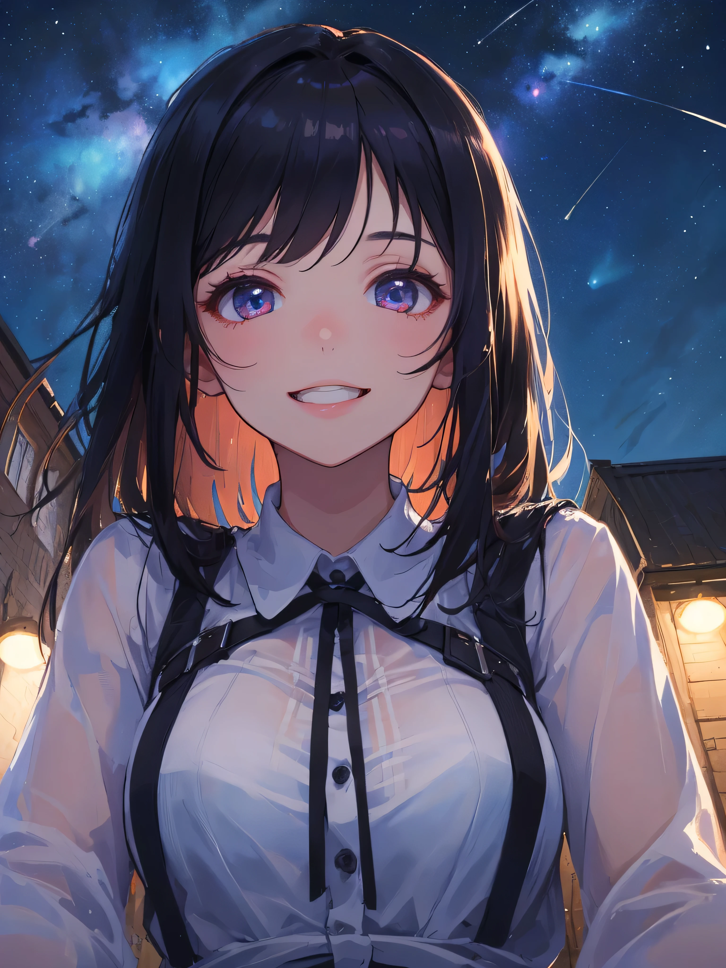 (masterpiece), (highest quality), 1 girl, (perfect face:1.2), (beautiful face:1.2), black hair, (from below, Upper body:1.3), Happy, light smile, looking at the viewer, stop temporarily, See-through, outdoor, (midnight, night sky, milky way), Complex, written boundary depth, cinematic lighting,