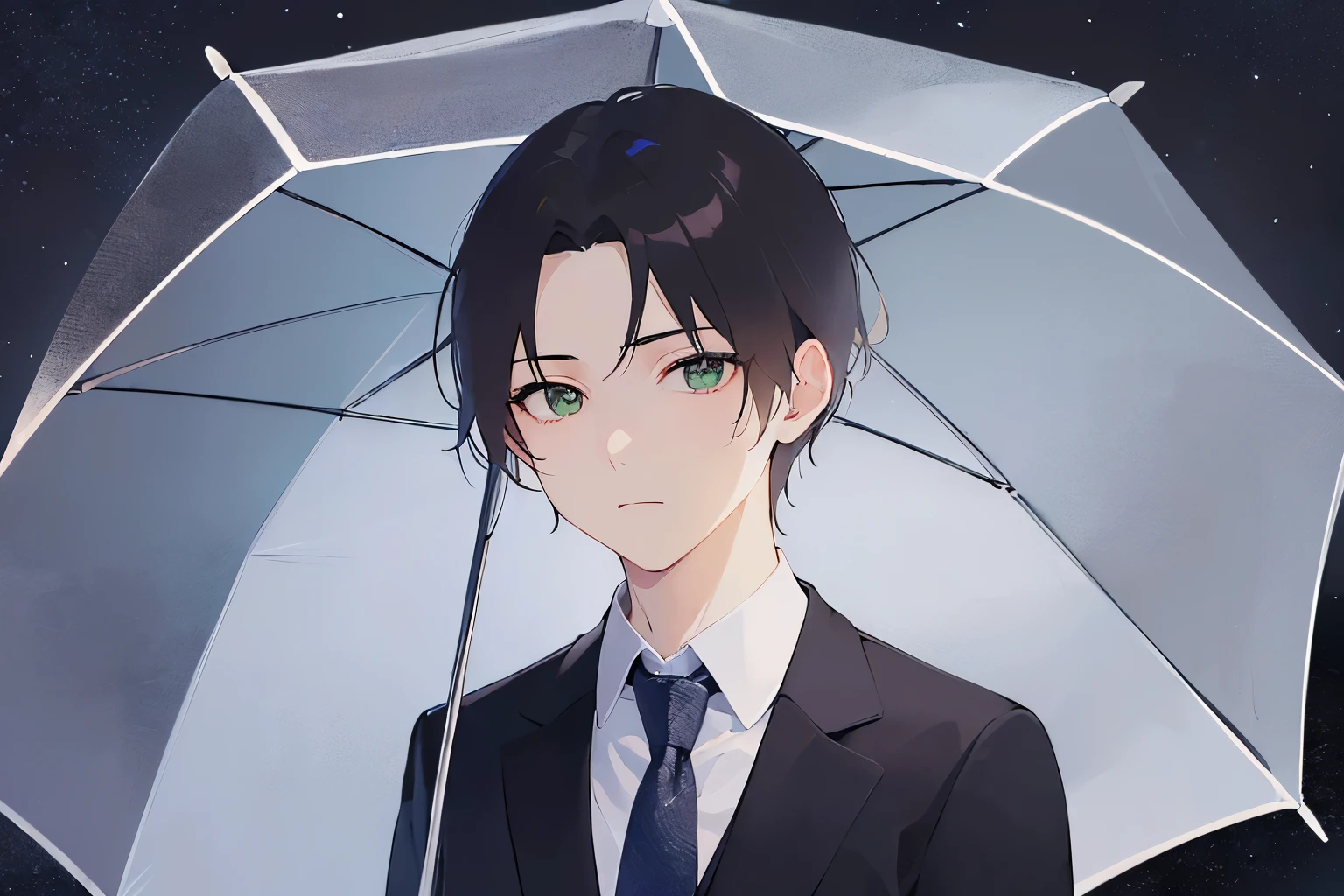 (night, dark:1.5), star, holding an umbrella、masterpiece、highest quality、(25 year old male:1.5) and (brown short hair) and (green eyes), (wearing a suit:1.3)、wearing a white shirt、Wearing a blue tie、walking、serious、background is outside、(Alone:1.5)、Upper body is shown、