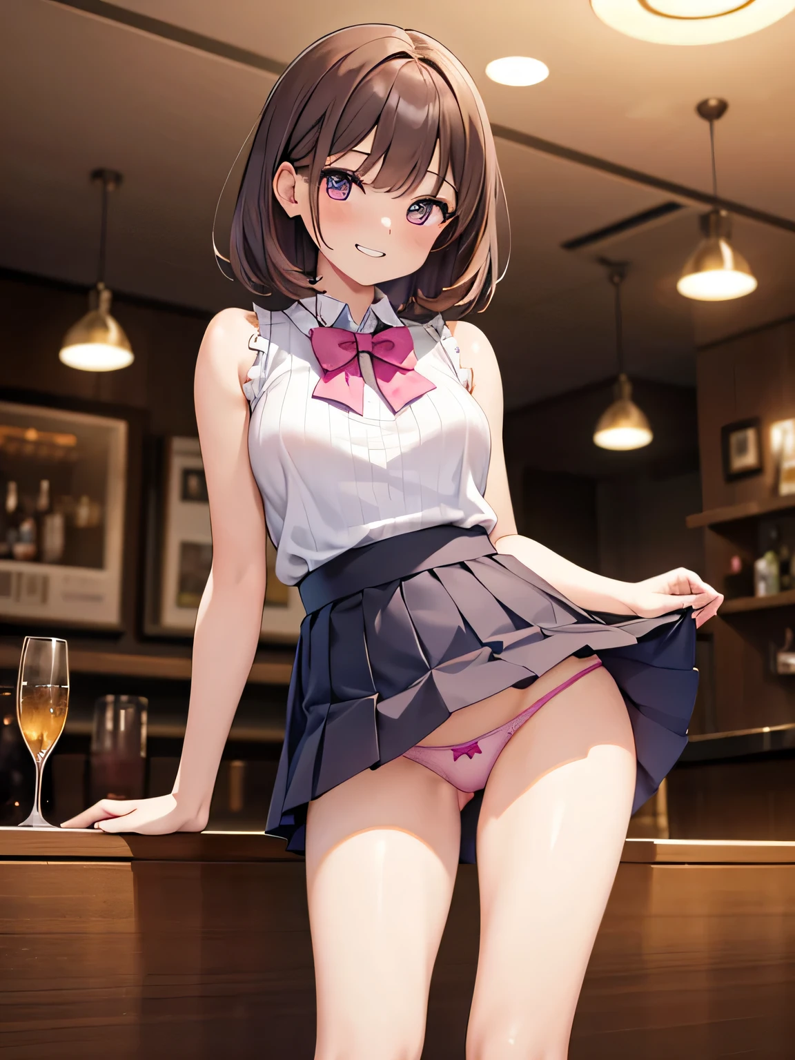 (1) There is one woman with beautiful legs, She lifts up her skirt to show her beautiful bare legs and panties,
(2) she is standing, I would like you to draw a picture of the whole body with legs visible..,
(3) woman wears white sleeveless knit、 She is wearing a box pleated miniskirt、 I'm wearing Western movie shoes,
(4) The visible pants are pink and have flashy patterns..,
(5) woman has short brown hair, shining eyes, A provocative grin,
(6) The place is a cafe restaurant..,
(7) highest quality, High resolution, realistic pictures, realistic skin,