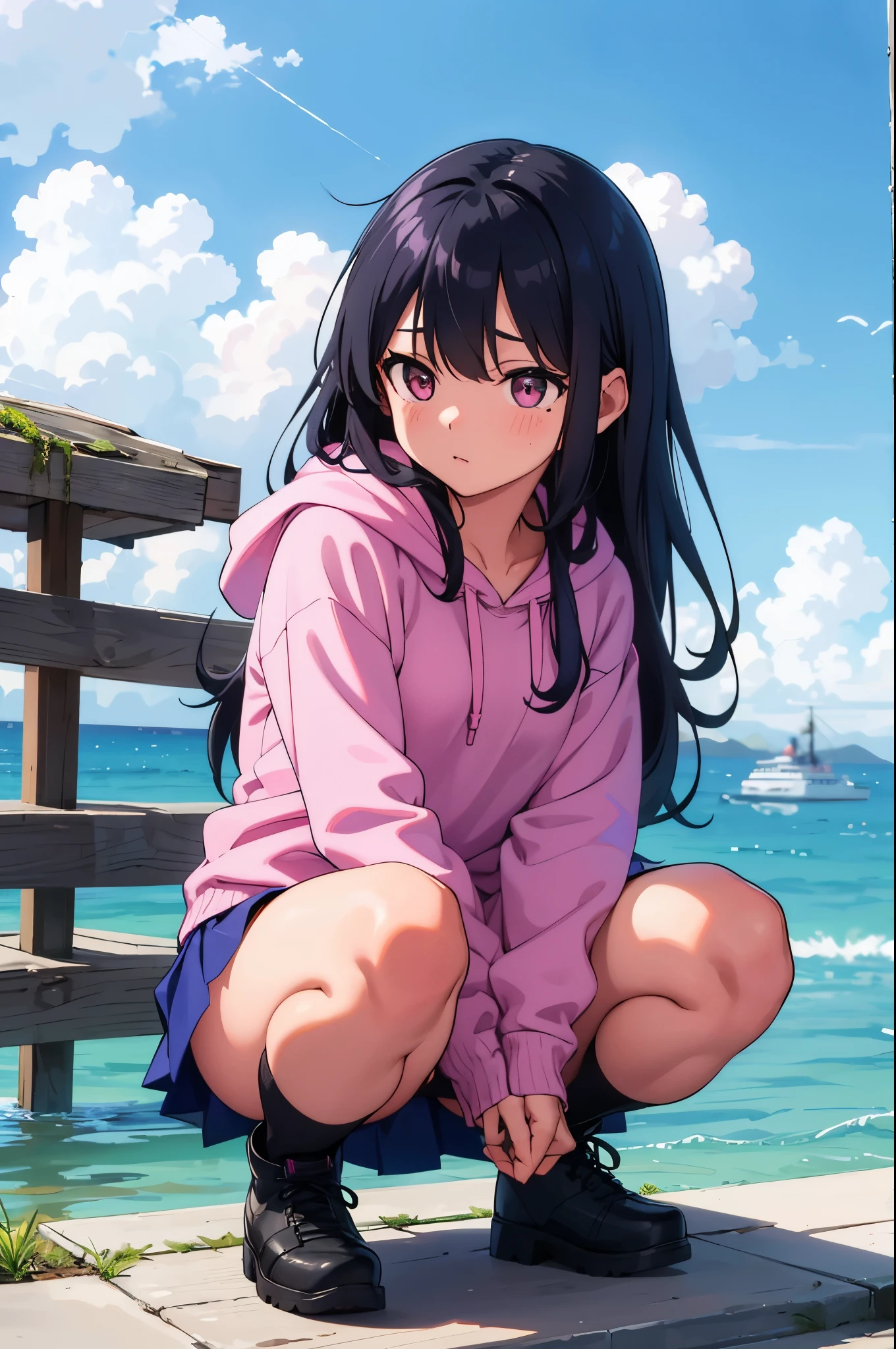 Port wharf　The background is the sea　the ship is floating　 girl　8-year-old　flat chelack r　long hair　eyes are purple　（（1 person））　Upper body pink long sleeve hoodie　Lower body navy blue miniskirt（（white panties））　white socks　sports boots　squatting on the dock　spread your legs a little　dynamic angle　Low angle from the front