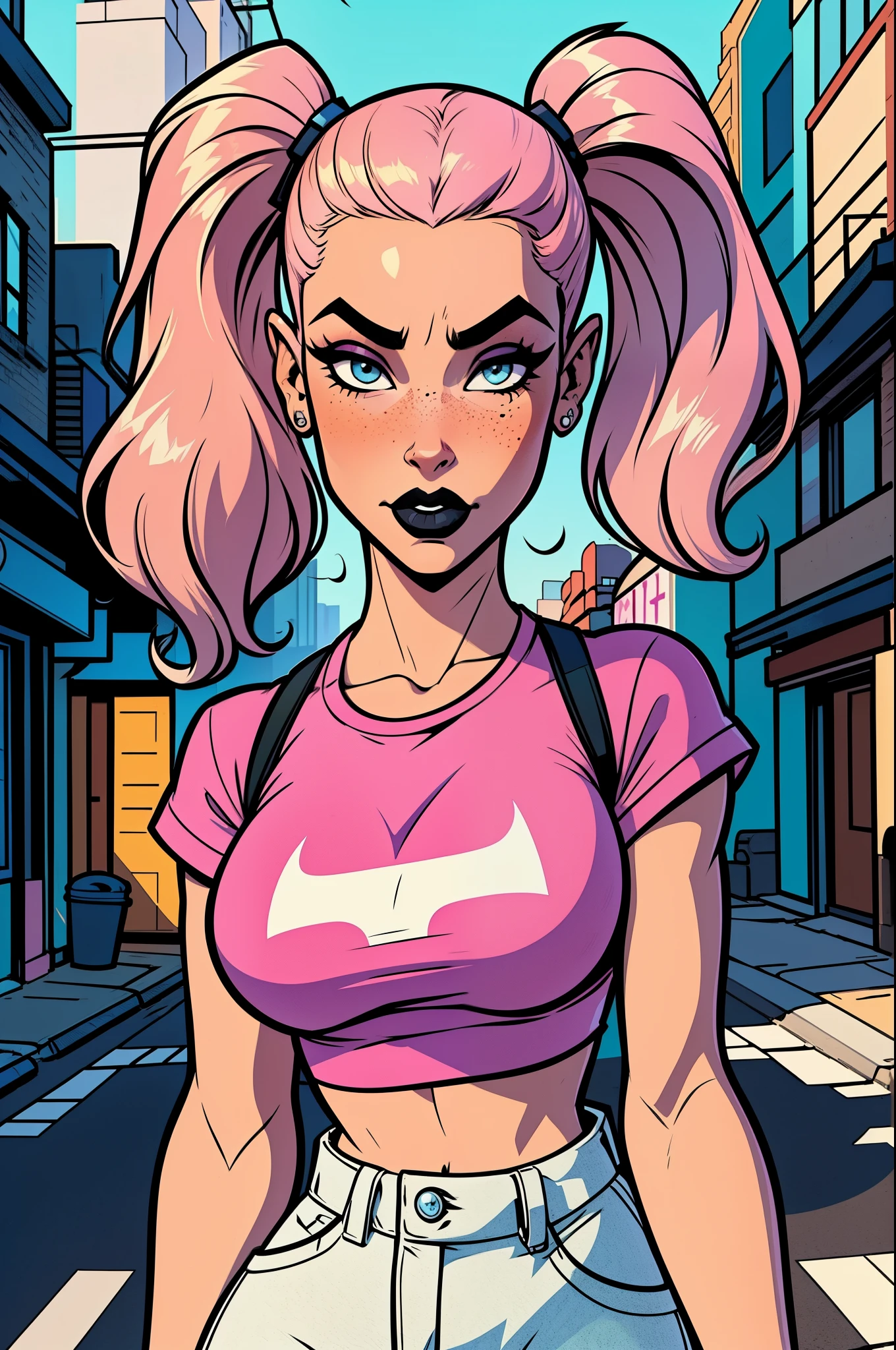 Close up of an supermodel woman face, at a busy cluttered city street background, daytime, pale blue eyes, detailed short pink hair with pigtails and shaved sides haircut, freckles, blushing, pouting expression, single eyebrow raised, eye shadow, black lipstick, pierced eyebrow, big , wearing a loose baggy tshirt crop top, looking to the side, comic book style, flat shaded, prominent comic book outline linework