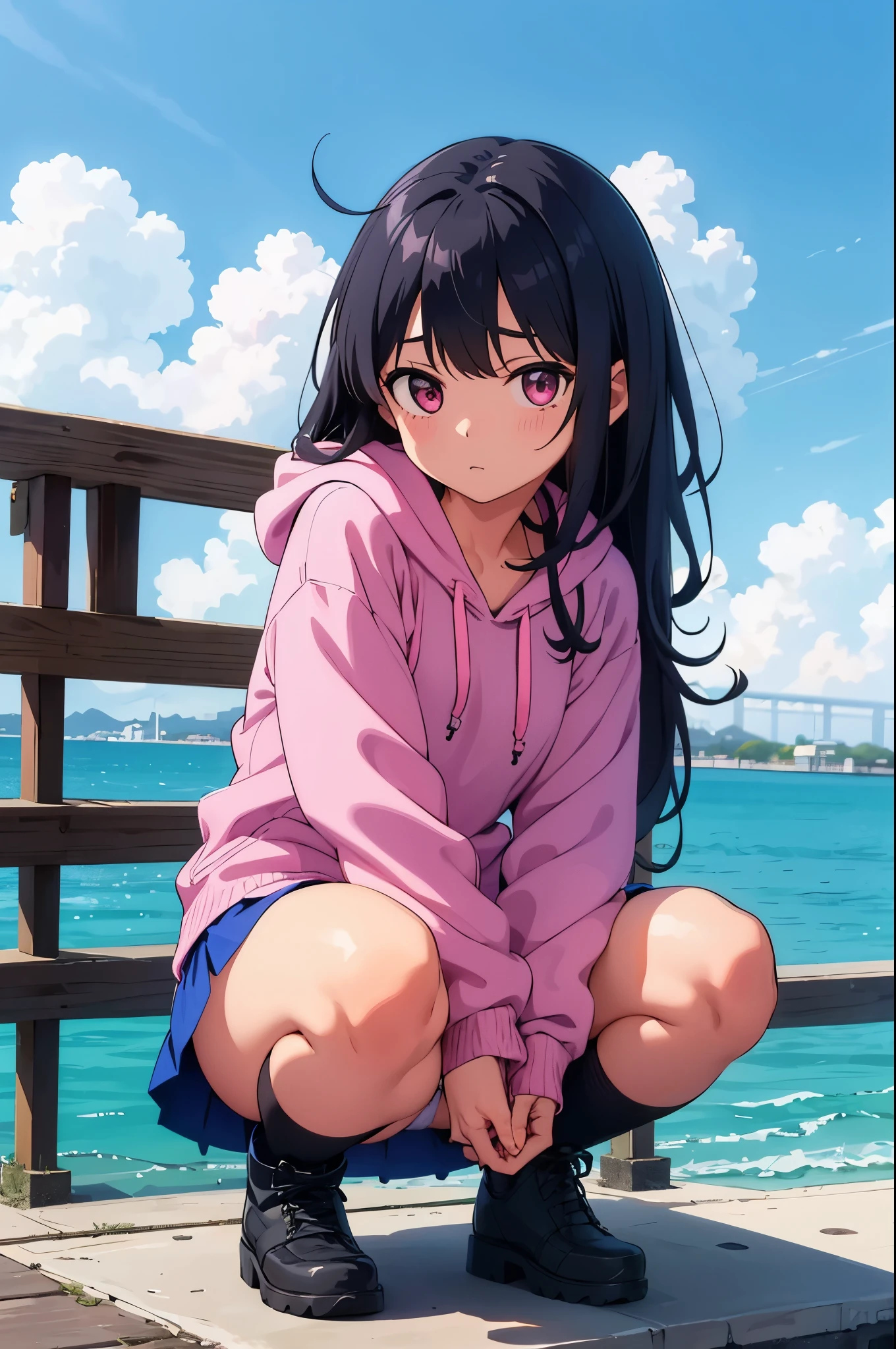 Port wharf　The background is the sea　the ship is floating　 girl　8-year-old　flat chelack r　long hair　eyes are purple　（（1 person））　Upper body pink long sleeve hoodie　Lower body navy blue miniskirt（（white panties））　white socks　sports boots　squatting on the dock　spread your legs a little　dynamic angle　Low angle from the front