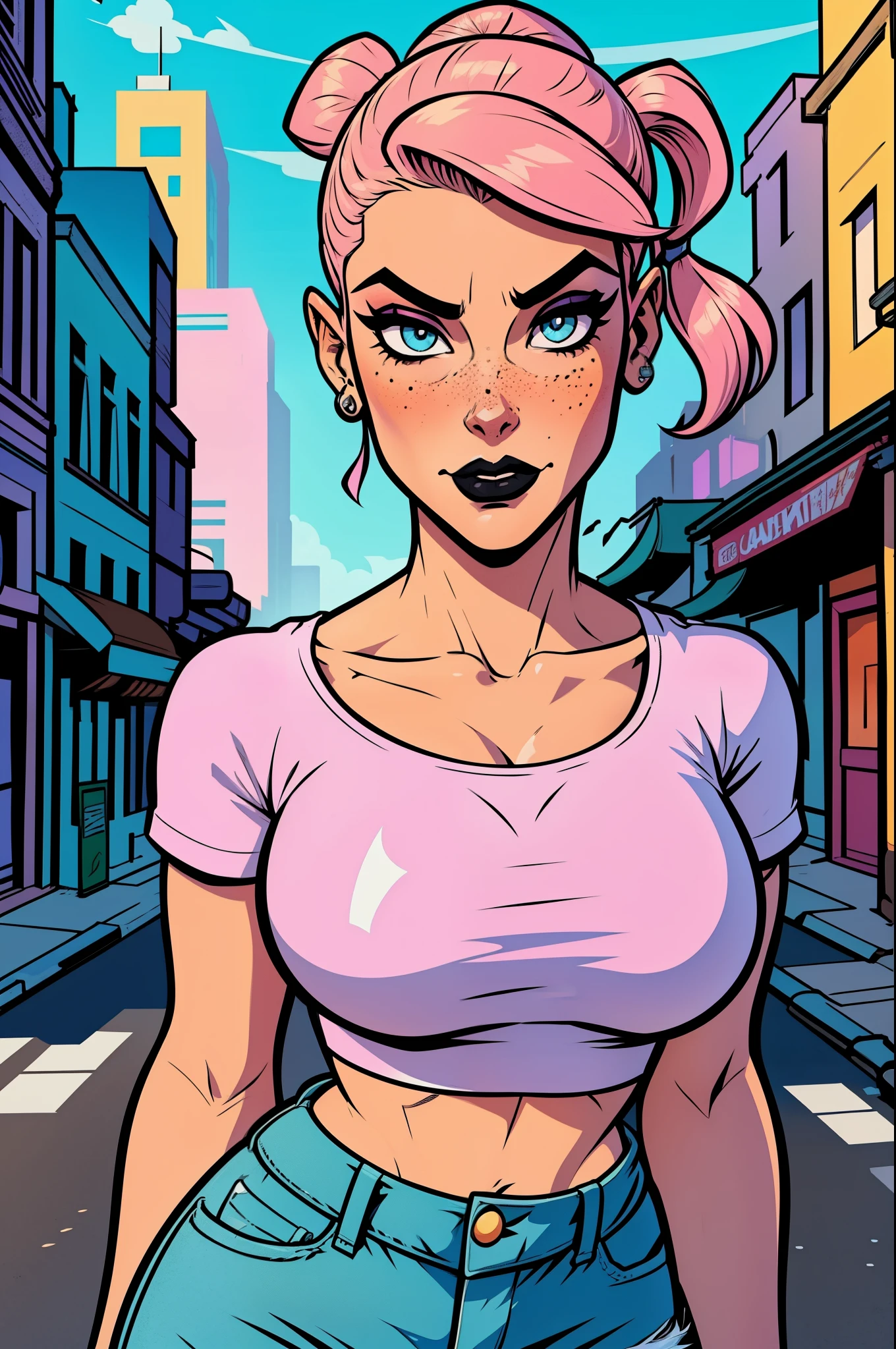 Close up of an supermodel woman face, at a busy cluttered city street background, daytime, pale blue eyes, detailed short pink hair with pigtails and shaved sides haircut, freckles, blushing, pouting expression, single eyebrow raised, eye shadow, black lipstick, pierced eyebrow, big , wearing a loose baggy tshirt crop top, looking to the side, comic book style, flat shaded, prominent comic book outline linework