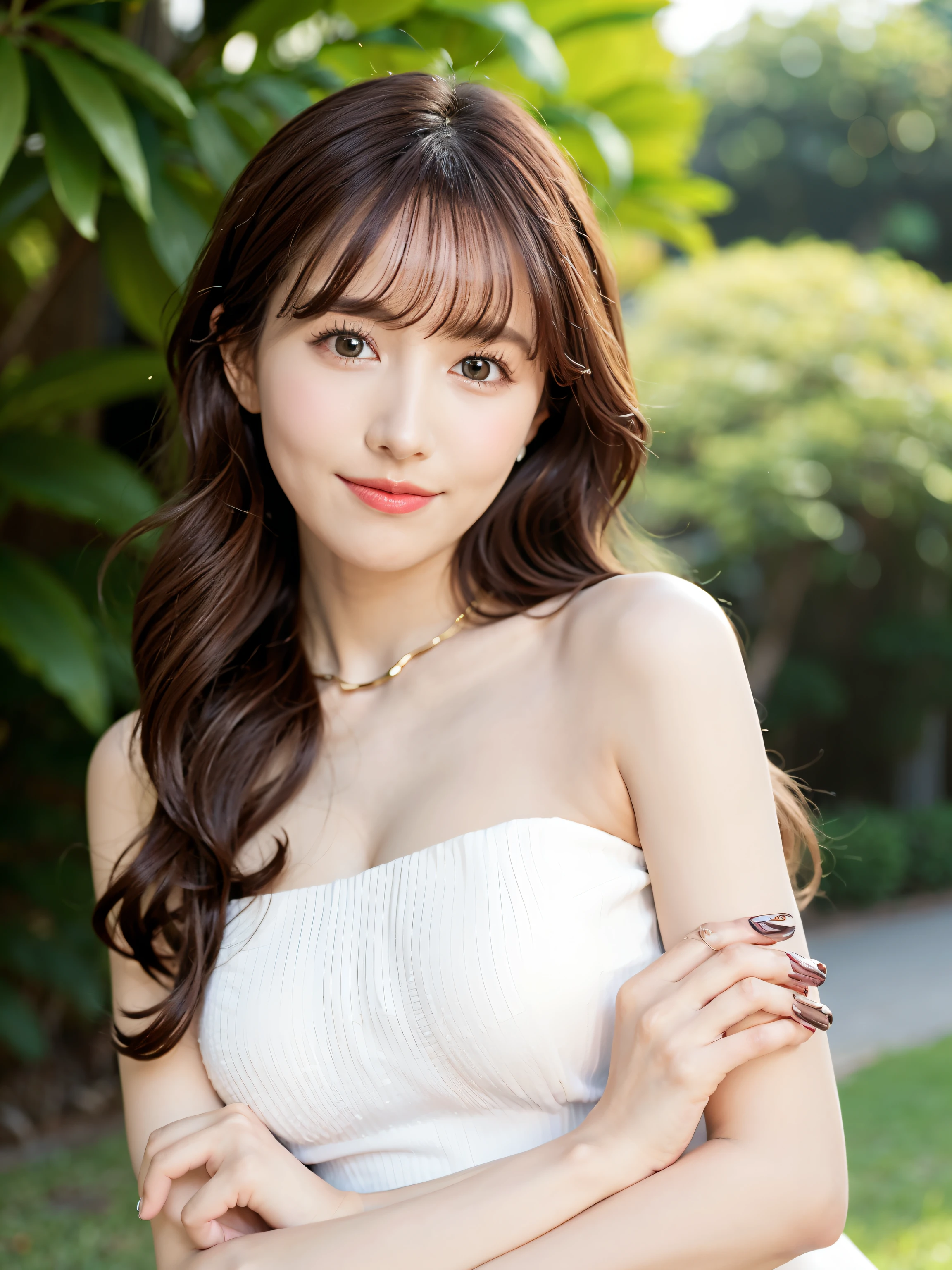 highest quality,  (wearing a white tube top:1.2),long hair with curly bangs, braided on both sides, loose towards the front, (brown hair color), ultra high resolution, (realistic:1.4), 1 Lovely Girl, bit girl, (young), pink puffy , NSFW, ,(K-POPアイドル), (charming monkey:1),  smile, cute, Full body Esbian, Fold your hands in front of you, street in the background, nature, Peaceful neighborhood, sunlight,lolita prostitute