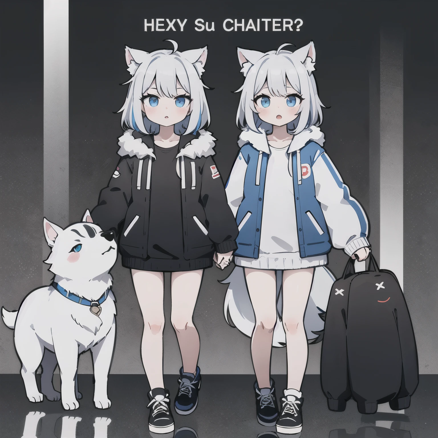 Create a girl character with features reminiscent of a Siberian Husky. She should have fluffy white hair with patches of grey or black resembling the husky's fur markings. Her eyes could be bright blue or multi-colored, reflecting the striking eyes of a husky. Incorporate cute husky ears that stand upright on top of her head, and perhaps add a playful expression with a hint of mischievousness. Dress her in winter-themed clothing, such as a cozy sweater or a fur-lined jacket, to complement the husky theme. Don't forget to give her a friendly husky companion by her side, adding to the charm of the character." full body