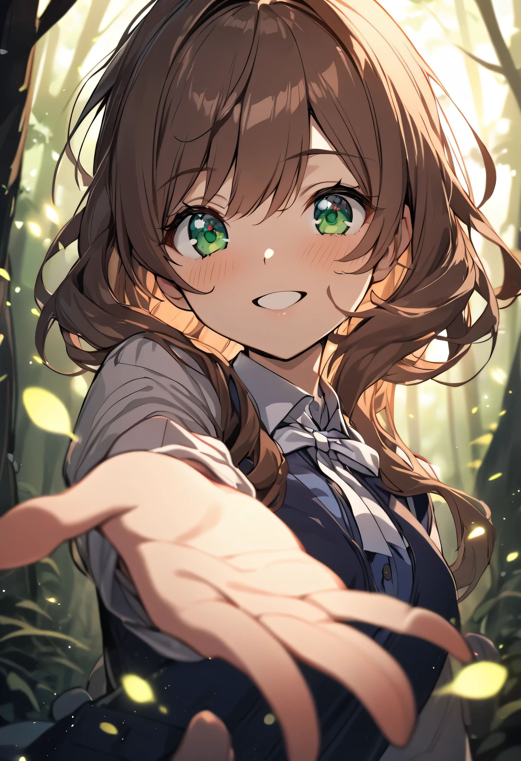 1girl, in a forest, dark, at night, (brown hair, green eyes, white ribbon) , Monika, DDLC, Monika from Doki Doki Literature Club, smile, reaches out hes arm to a bird, date, face focus, masterpiece, best quality, fireflies, light particle, solo, pixiv, depth of field, cinematic composition, best lighting,