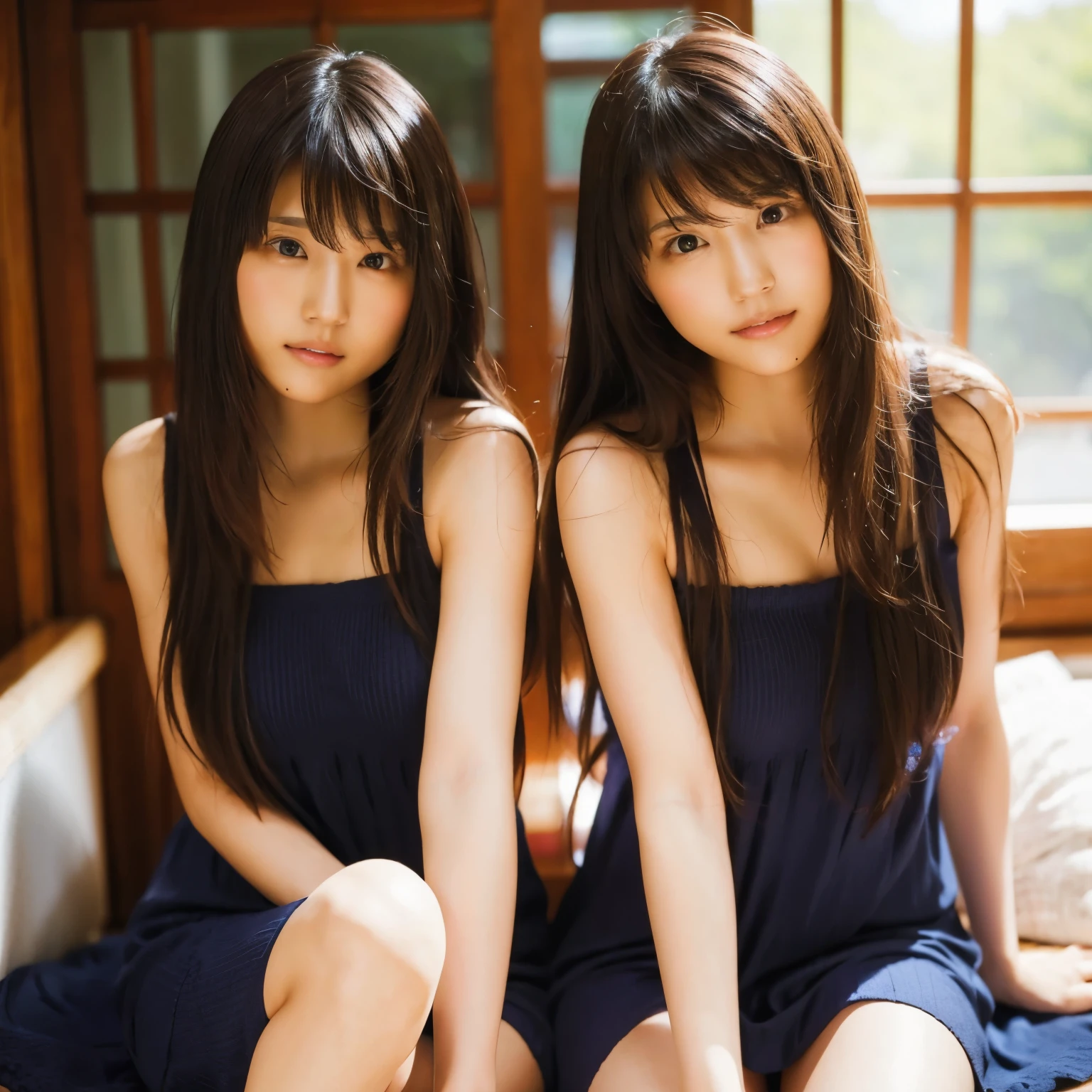 sexy and hot identical twin sisters, long hair