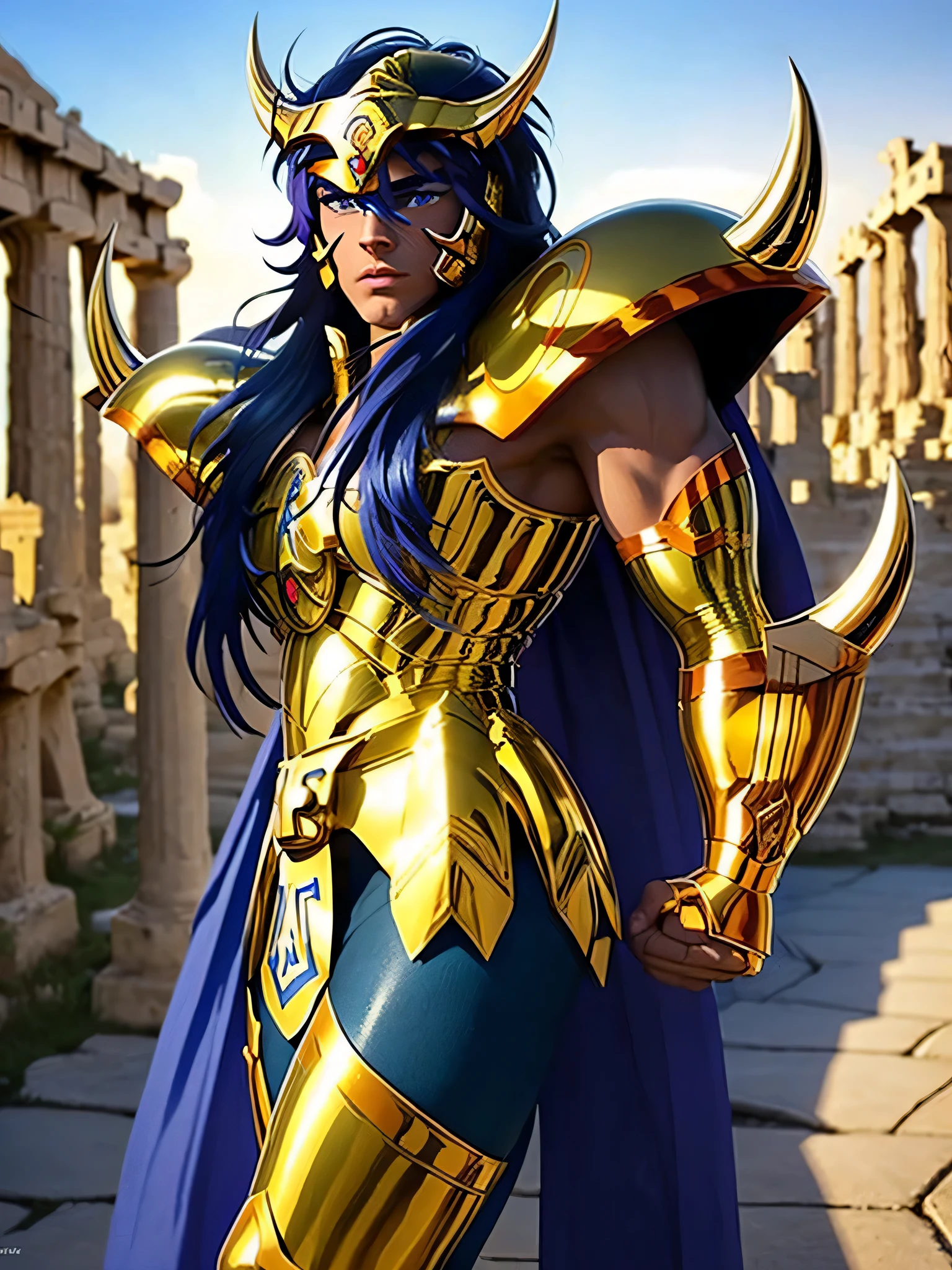 masterpiece, highest quality, 超High resolution, realistic skin texture, armature, (realistic:1.4), High resolution, Raw photo, 1 male, Blue-violet hair,shiny skin, (detail skin:1.2), realistic skin texture, best writing, shine, Mecha armor, dramatic lighting,  ((Background of Greek temples:1.3)), universe, Sunny,scorpion armor, golden armor, (cleavage), (white skin), (blue long hair:1.2), (muscular), (Helmet:1.2), face,kick