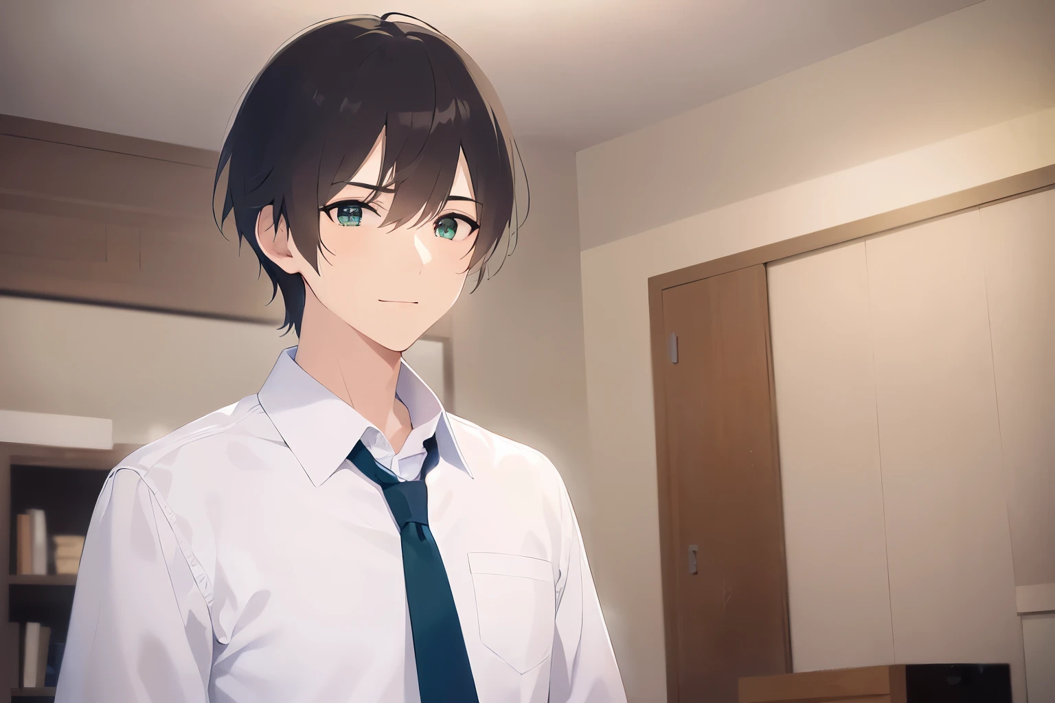 holding a towel, masterpiece、highest quality、(25 year old male:1.5) and (brown short hair) and (green eyes), wearing a white shirt、Wearing a blue tie、Are standing、smile、The background is the living room at night、(Alone:1.5)、Upper body is shown、
