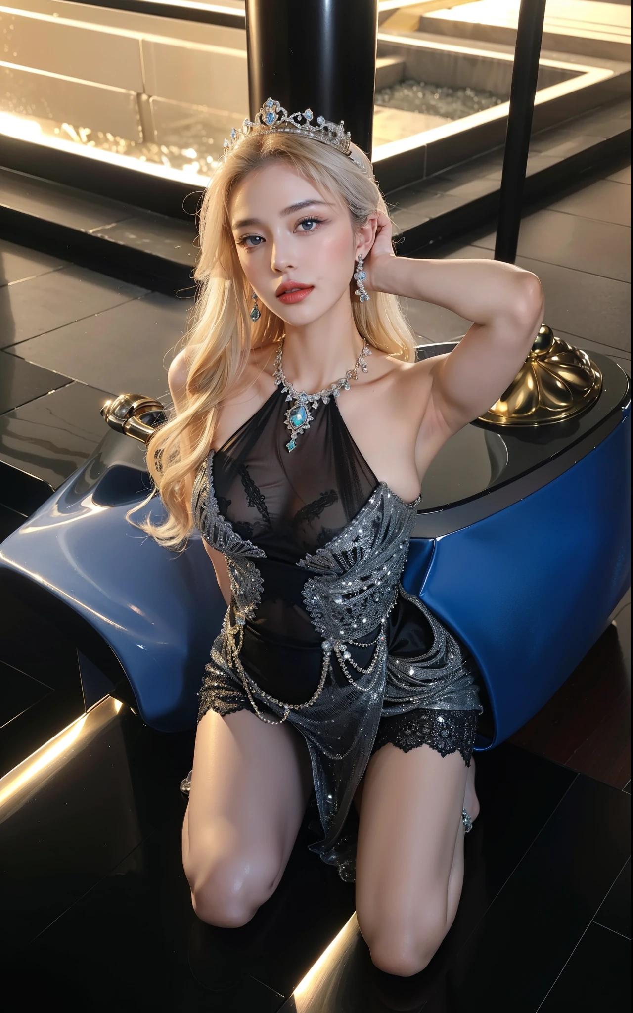 Royal sister,exquisite eyes,ice queen,put the crown on your head,Detailed facial expressions body,tall figure,Gorgeous,Leg length,4K,HD,Sensual,translucent lace,白皙plump figure,pretty face,Little cherry mouth,beautiful and delicious(3D royal sister),plump figure,gloss gel coat,Queen in luxurious dress,Crystal Gem Crown,Necklace jewelry,Kneeling on the ground,Squat on both legs