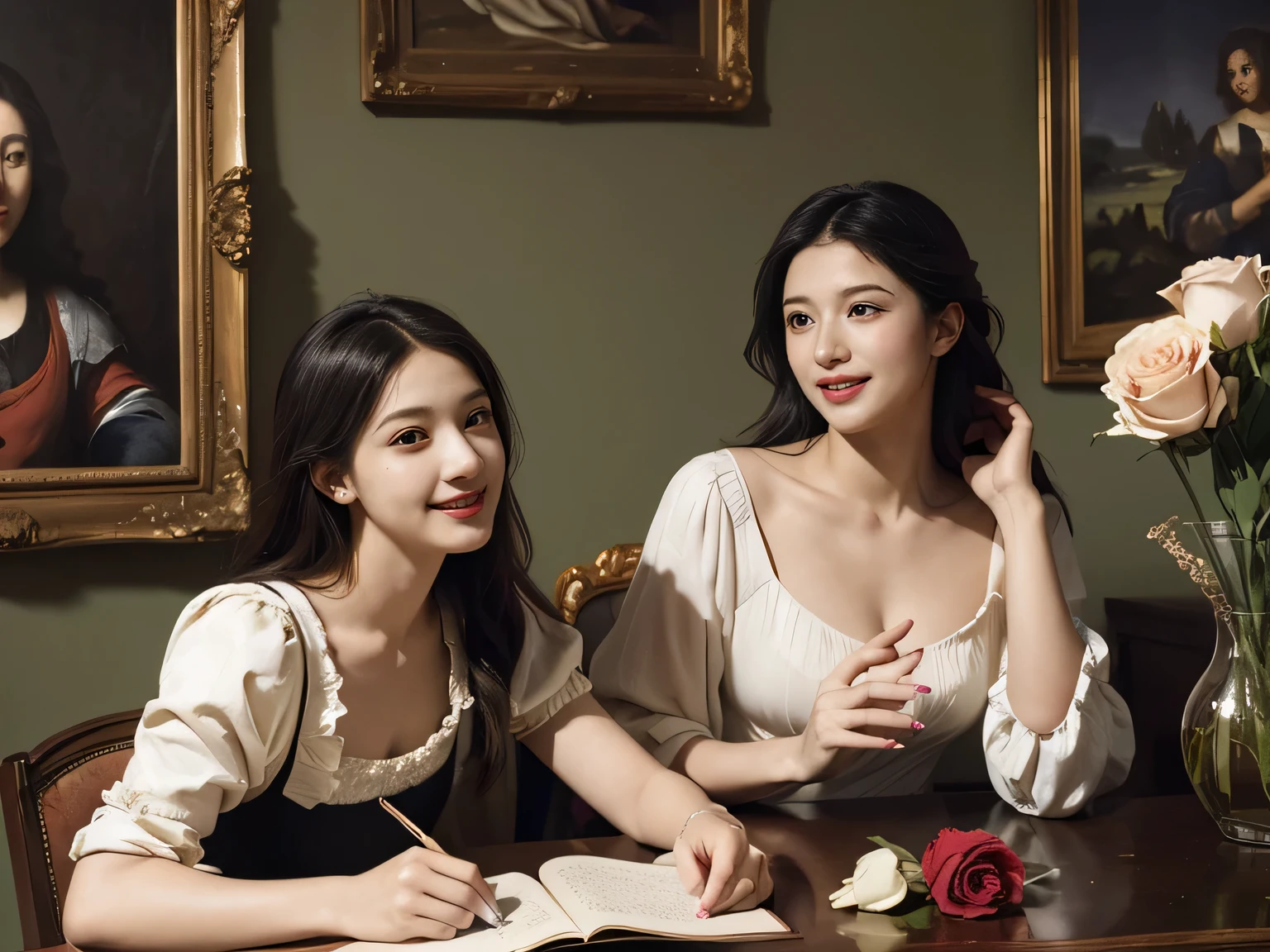 Giorgione painting style,Arguments of two female Philosophe,math、astronomical machine、astronaut、roses in vase、fruits、Cute trinkets、smile、ancient greek costume、Ancient Roman landscape in the style of Nicolas Poussin,laughter,,Sweet and seductive appearance.、Caravaggio's paintings、Chiaroscuro of Caravaggio、hair tousled by the wind,Two women frolicking,cute smile, expression of ecstasy,Sexy,erotic
