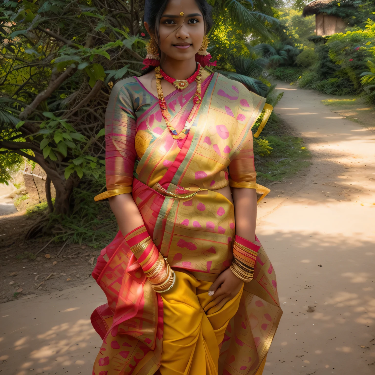 araffe woman in a yellow sari and red blouse standing on a path, wearing bihu dress mekhela sador, traditional beauty, traditional dress, dressed in a sari, around 1 9 years old, assamese, traditional clothes, wearing traditional garb, with lovely look, wearing sari, dressed with long fluent clothes, traditional clothing, idian dress