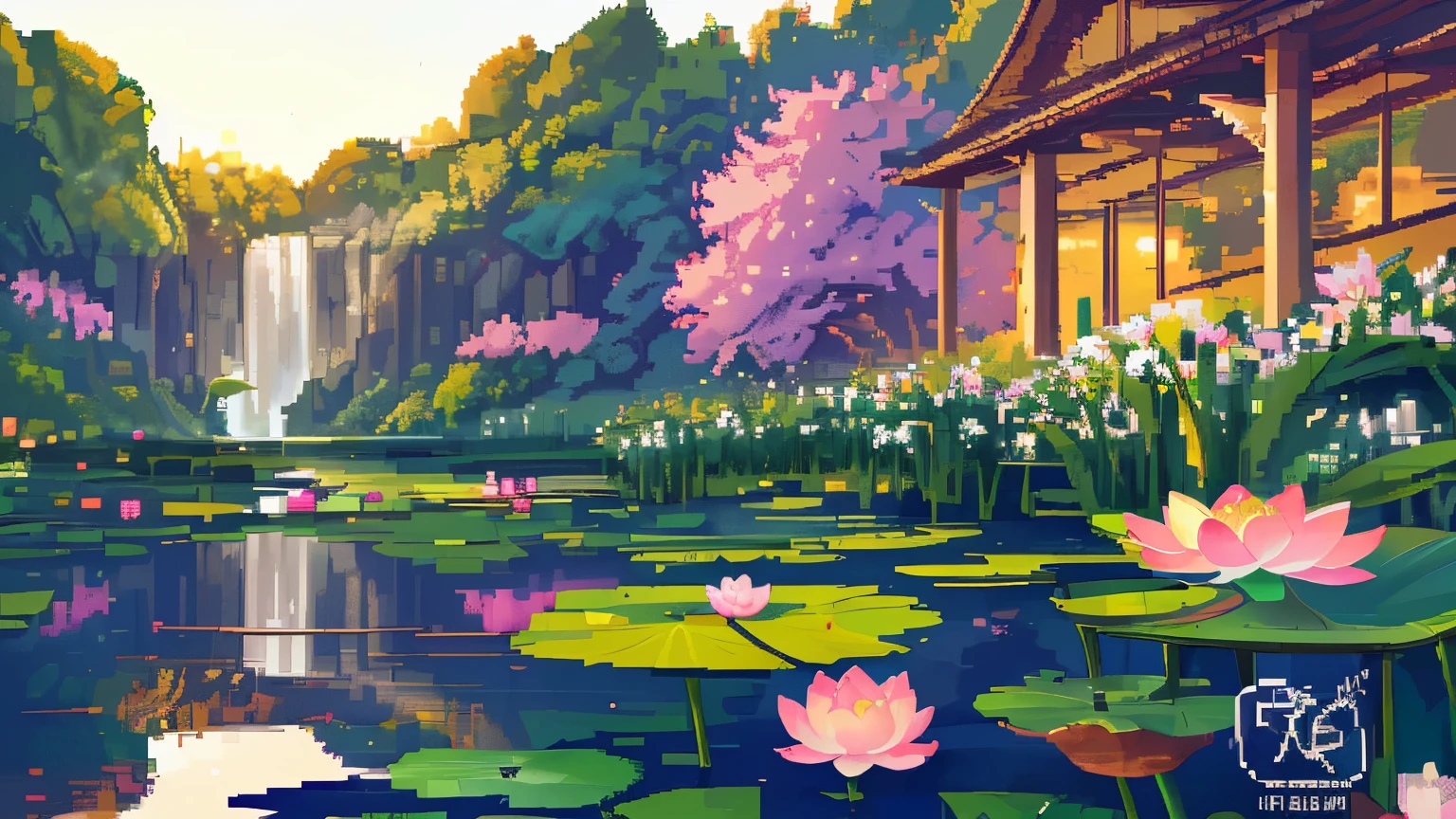 Landscape Art Attractions Pixel Art, evening, 3D Pixel Art 4K Wallpaper, Amazing pixel art detail, pixel art, Steam wave, The pixel art engine is not really detailed, lotus pond, lily flower pond.