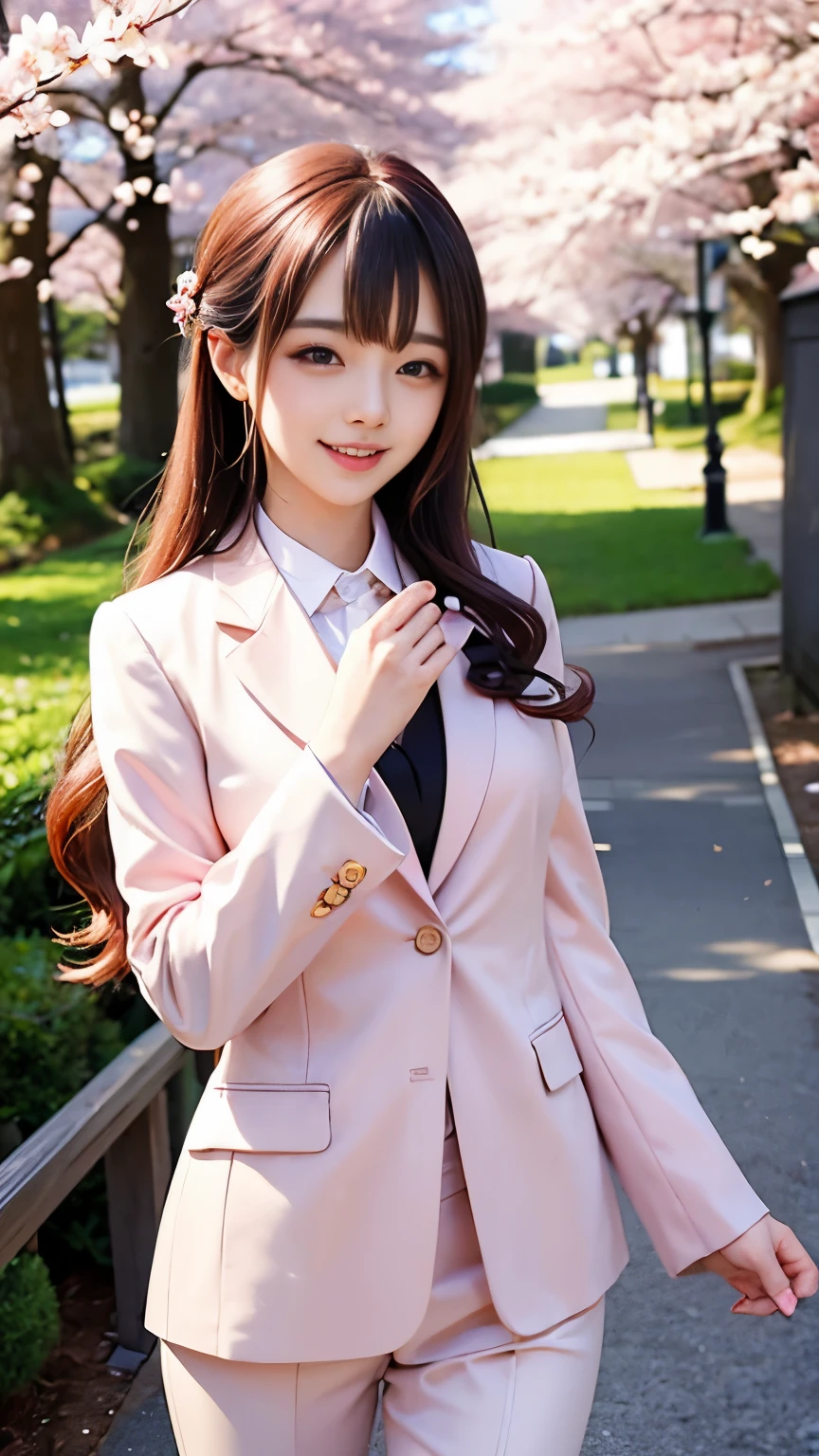 woman, formal suits in soft colors, soft colored hair、cherry blossoms吹雪、forest、cherry blossoms、smile
