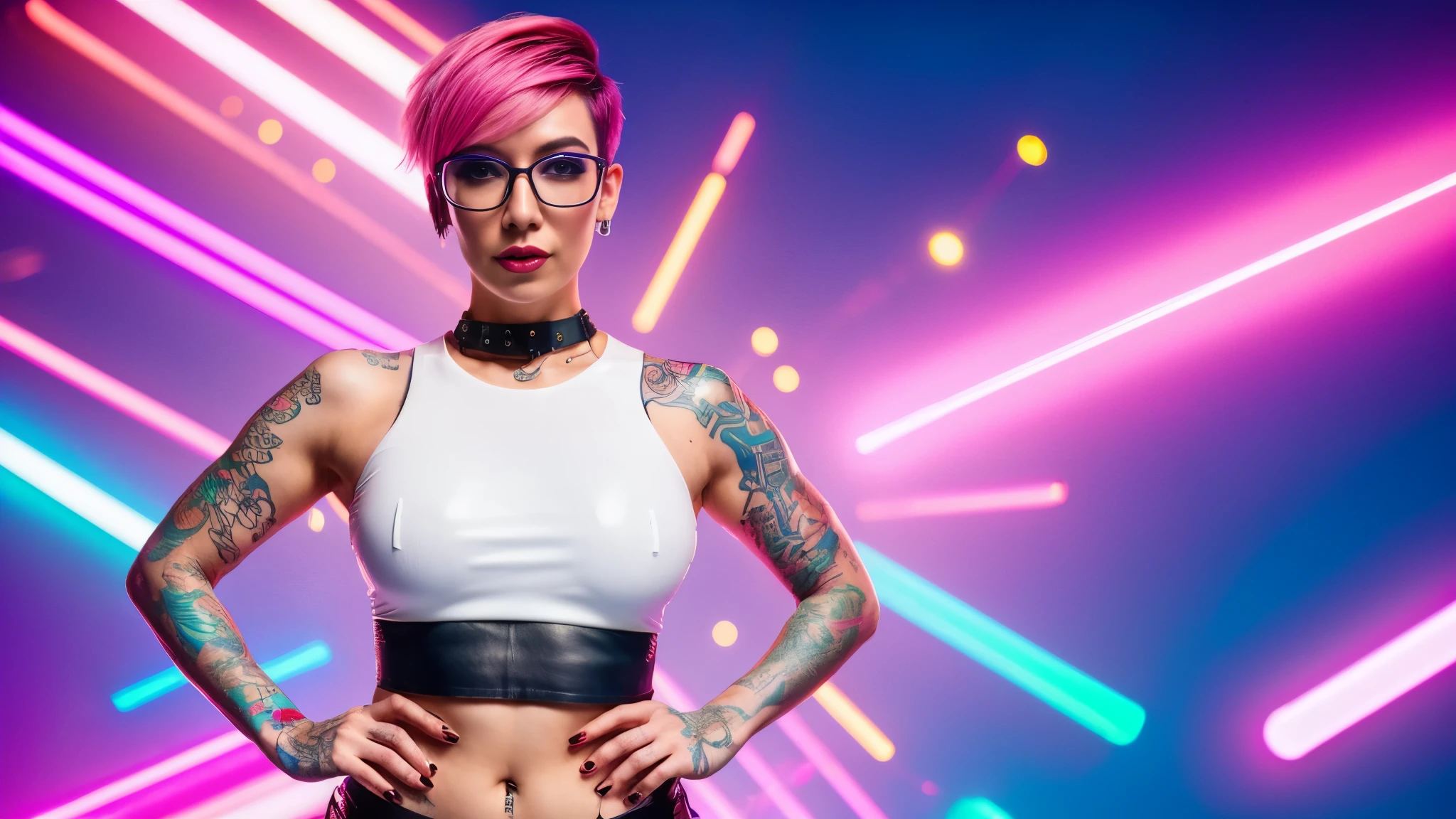 beautiful cyberpunk woman wearing a white crop top and a leather legging, tattoos all over her body, pink short trendy hair, spectacles, neon city accent gradient background with particles, bokeh effect, show her electric and charismatic nature, full body