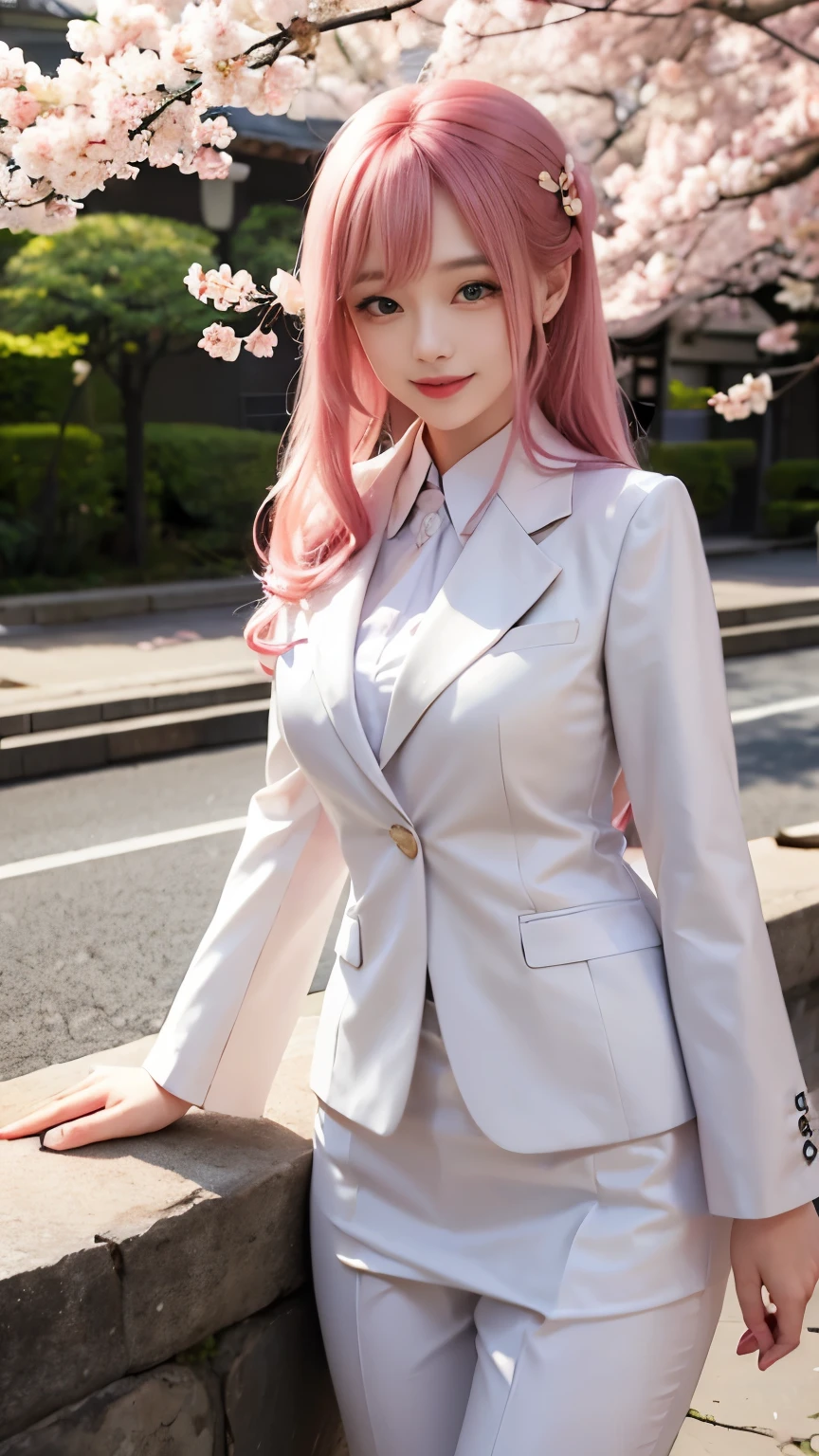 woman, formal suits in soft colors, soft colored hair、cherry blossoms吹雪、forest、cherry blossoms、smile