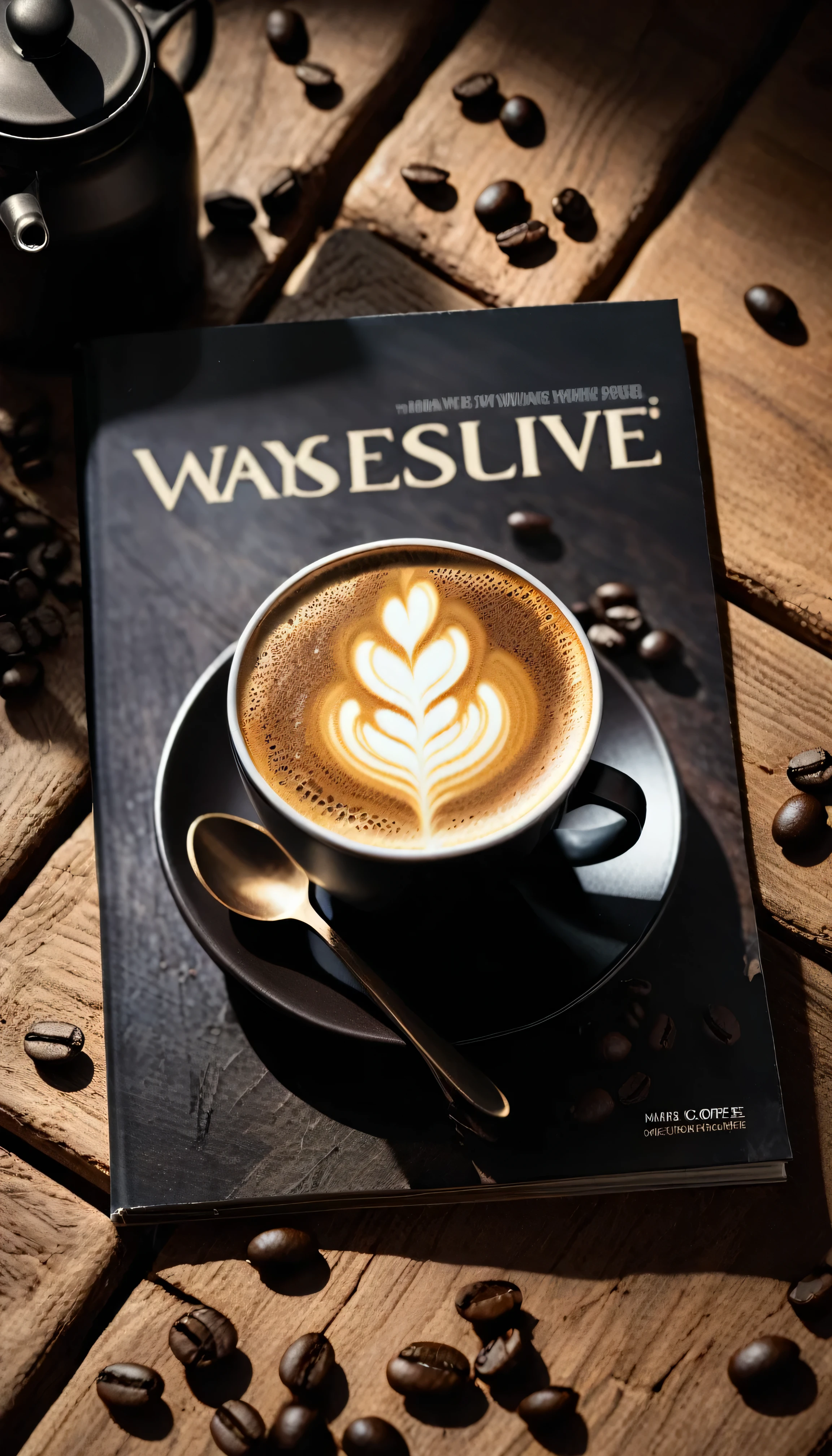 A magazine cover about coFFee lies on a wooden table.Description oF the cover:Have a latte,no splash,concept art,a cup oF coFFee,hot latte,hot smoke。Product Photos oF Mineral Shades。dark and mysterious,cold dark mood,Drink coFFee。clean and simple。((No coFFee beans or spoons appear in the picture)).Bronze complexion.Obvious contrast oF light and shadow.High-end leather.HalF view,50mm,F/1.8,Shutter speed 1/60,ISO 50,Color temperature 4000k,masterpiece.This is a magazine with style.