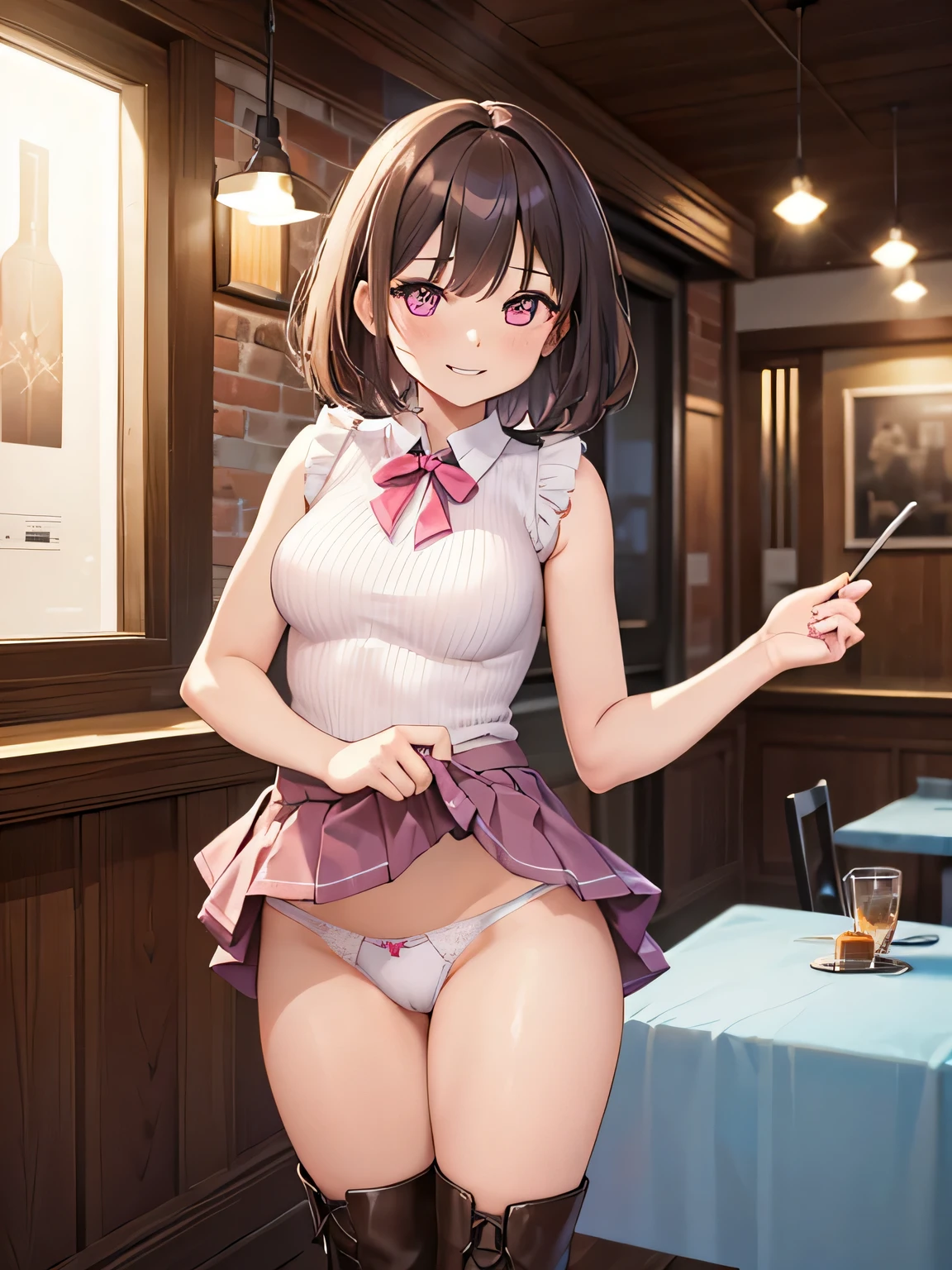 (1) There is one woman with beautiful legs, She lifts up her skirt to show her beautiful bare legs and panties, 
(2) she is standing, I would like you to draw a picture of the whole body with legs visible.., 
(3) woman wears white sleeveless knit、 She is wearing a box pleated miniskirt、 I&#39;m wearing Western movie shoes, 
(4) The visible pants are pink and have flashy patterns.., 
(5) woman has short brown hair, shining eyes, A provocative grin,
(6) The place is a cafe restaurant.., 
(7) highest quality, High resolution, realistic pictures, realistic skin,